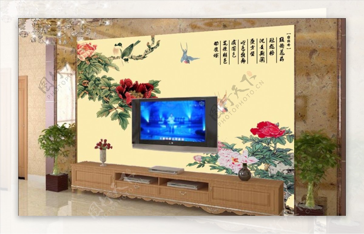 富贵牡丹鱼电视背景墙