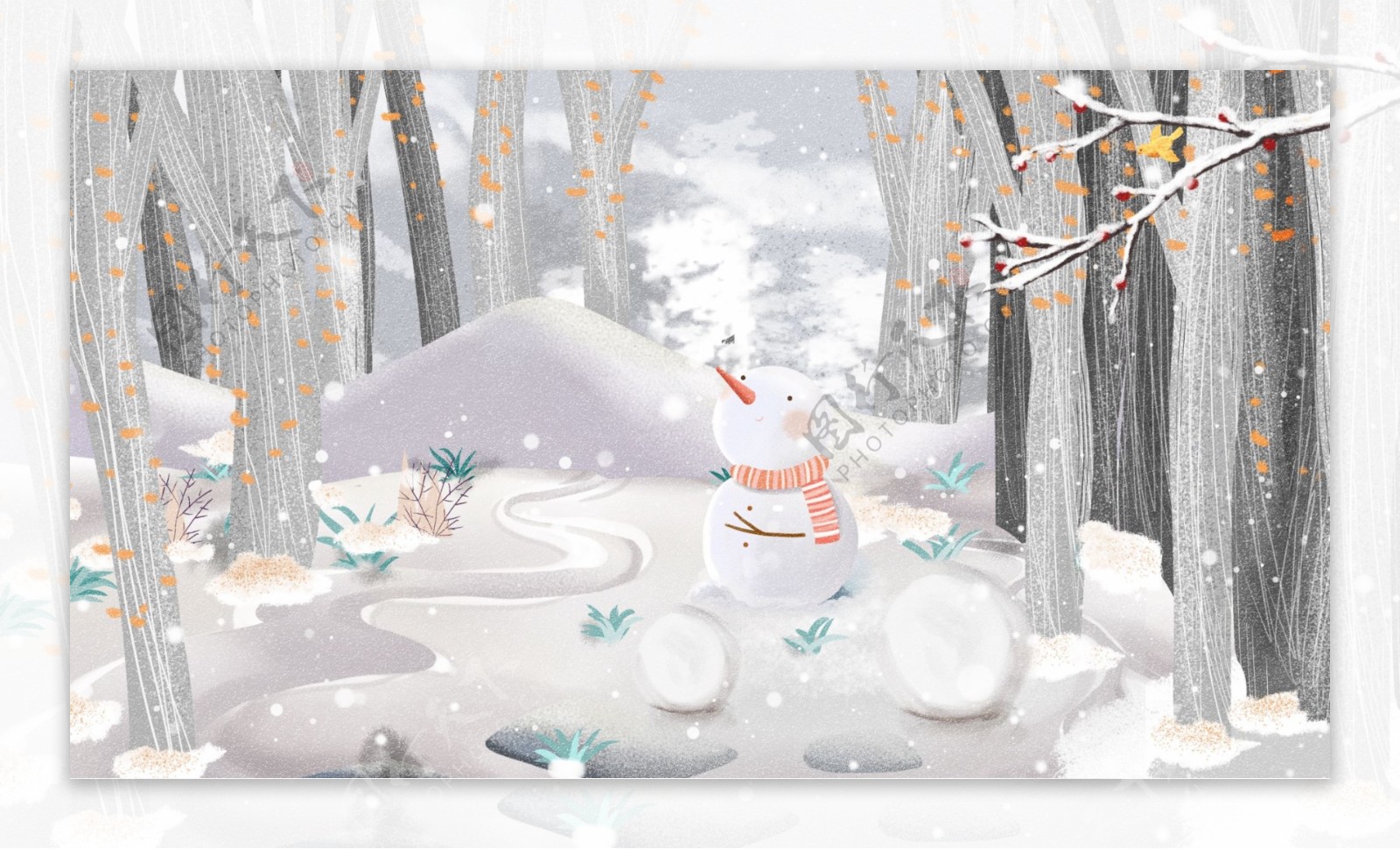 手绘冬季树林雪人背景设计