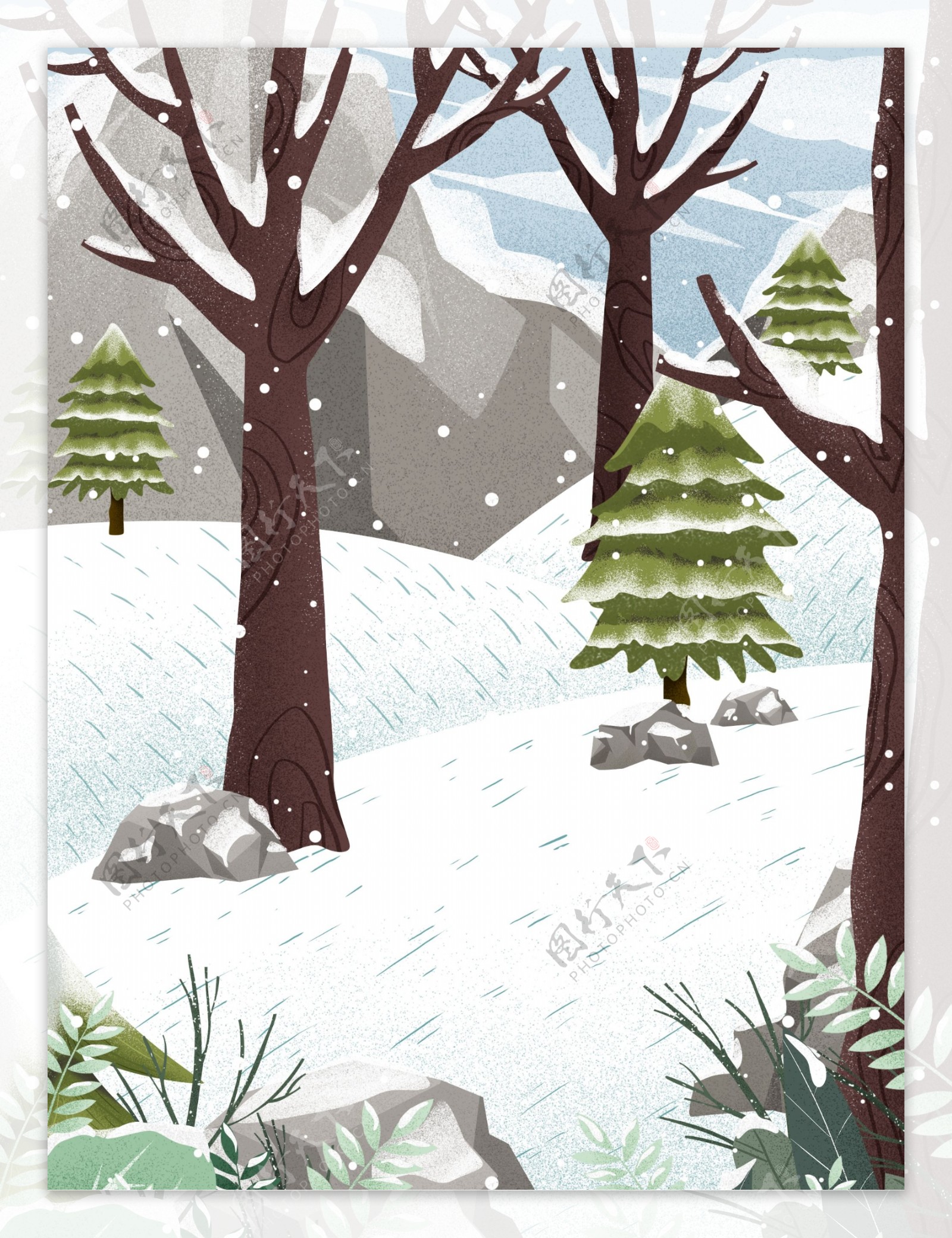 冬季树林雪山背景设计