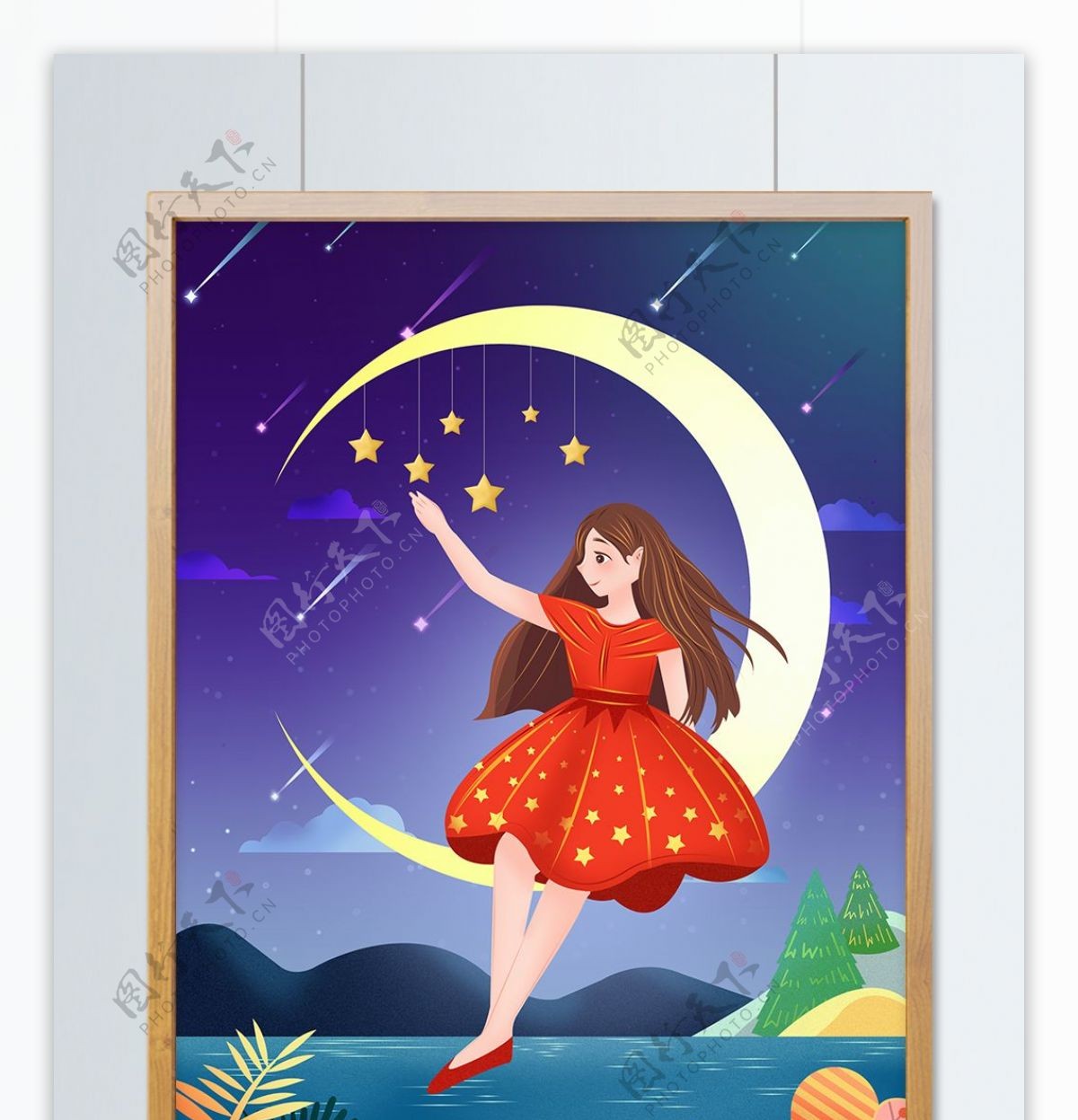 紫色梦幻星空红裙小女孩坐月亮上摘星星插画