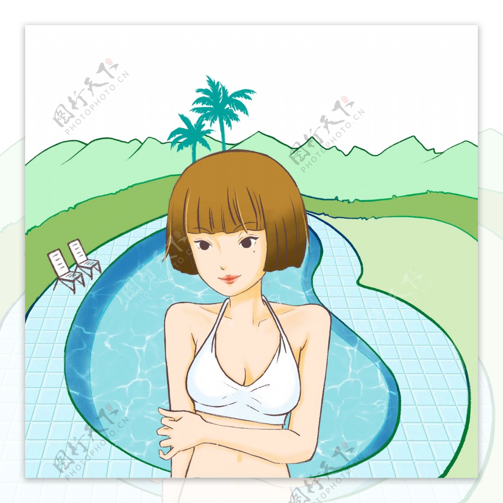 夏日清凉泳装少女插画手绘泳池