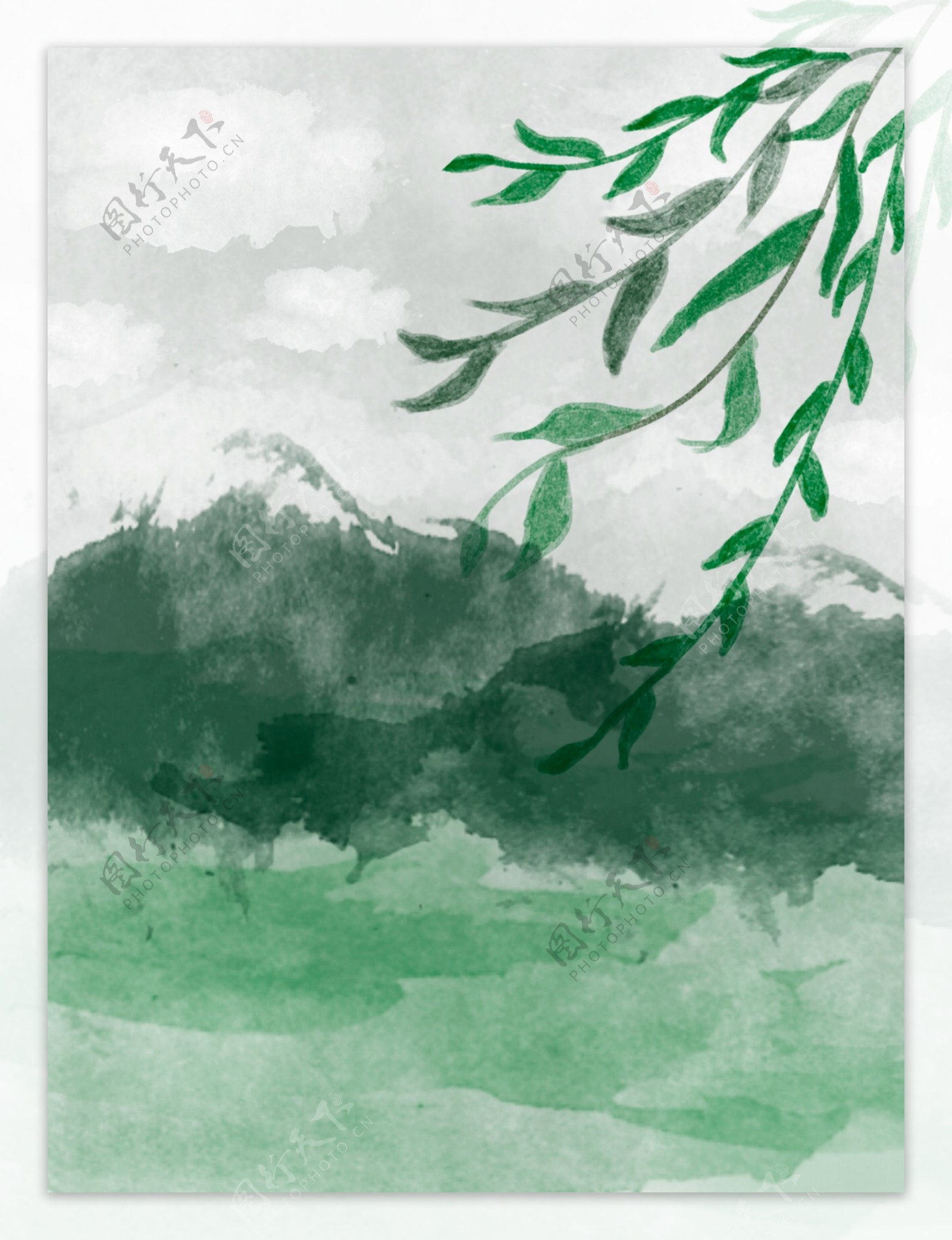 全原创二十四节气春分绿色柳叶水墨背景