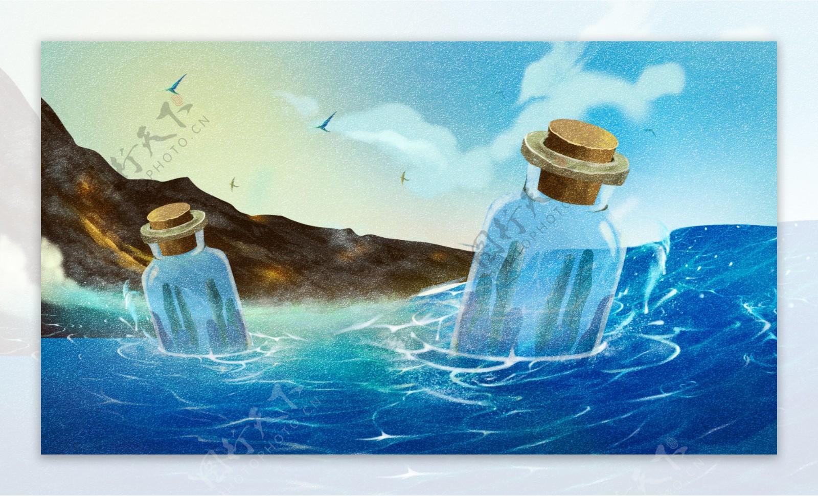 彩绘大海漂流瓶背景设计