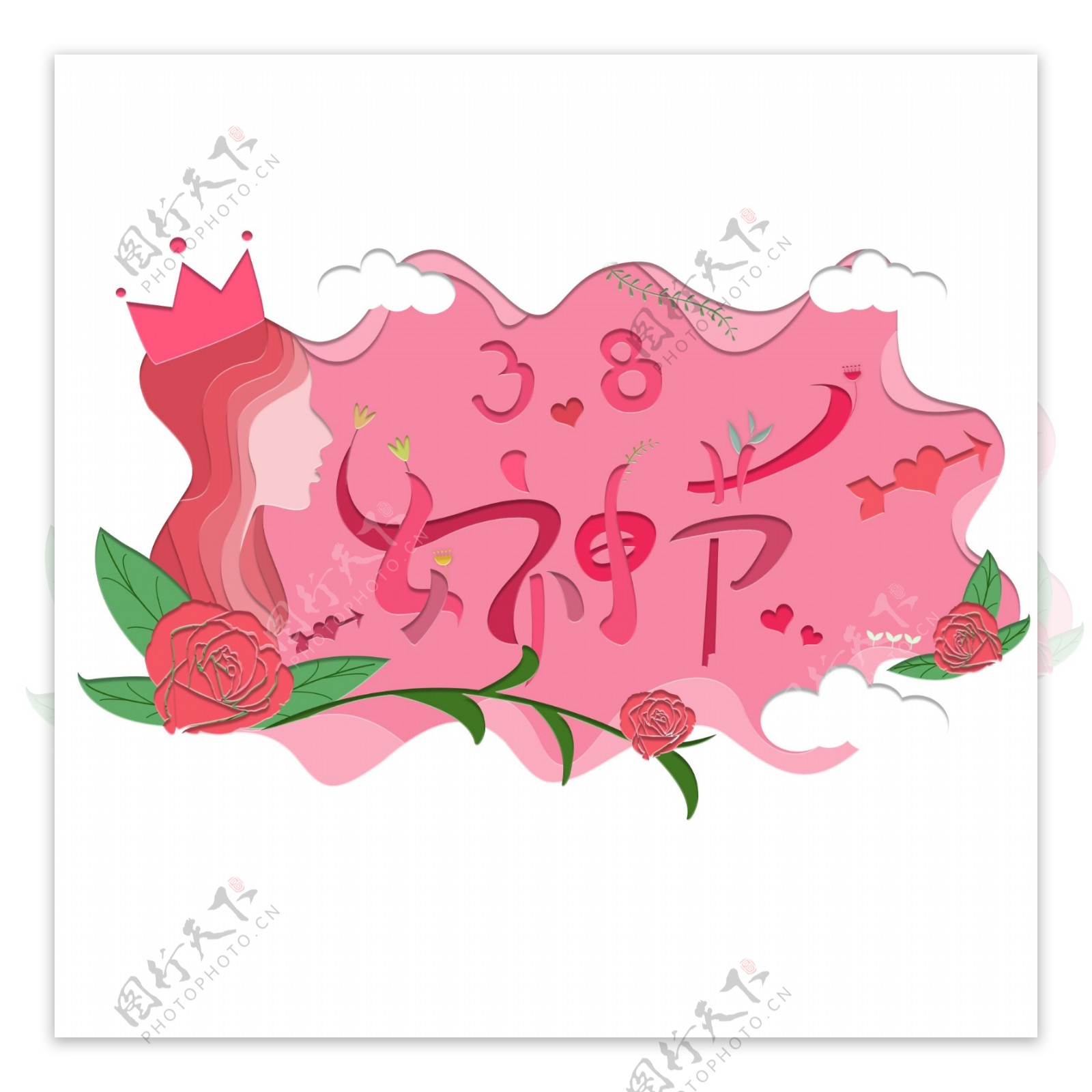 印象剪纸风格女性玫瑰花女神节装饰图案
