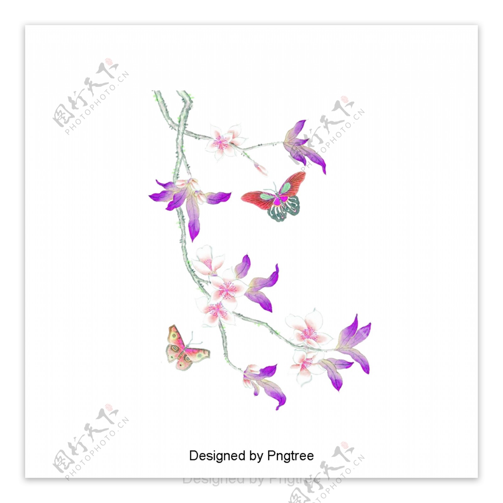 紫花绿叶蝴蝶图案材料