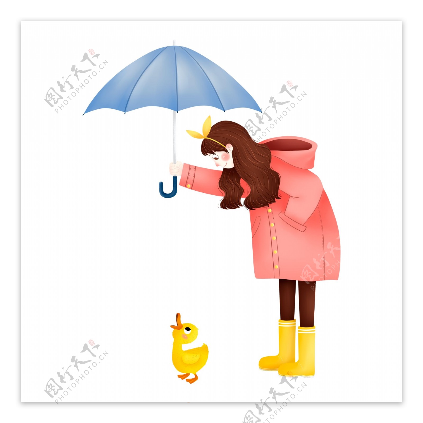 雨天打伞的少女和小鸭子png元素
