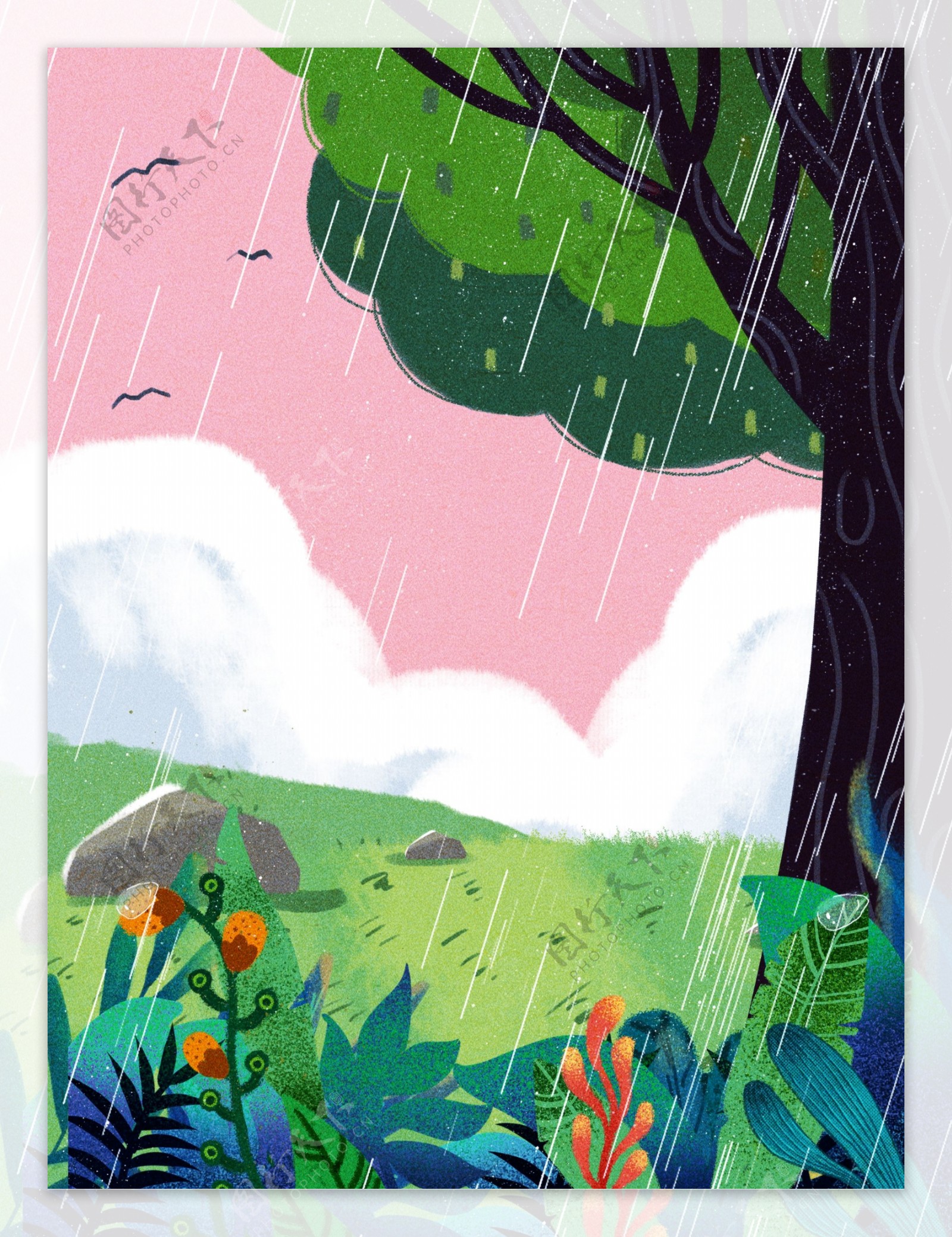 雨季绿色树林风景插画背景