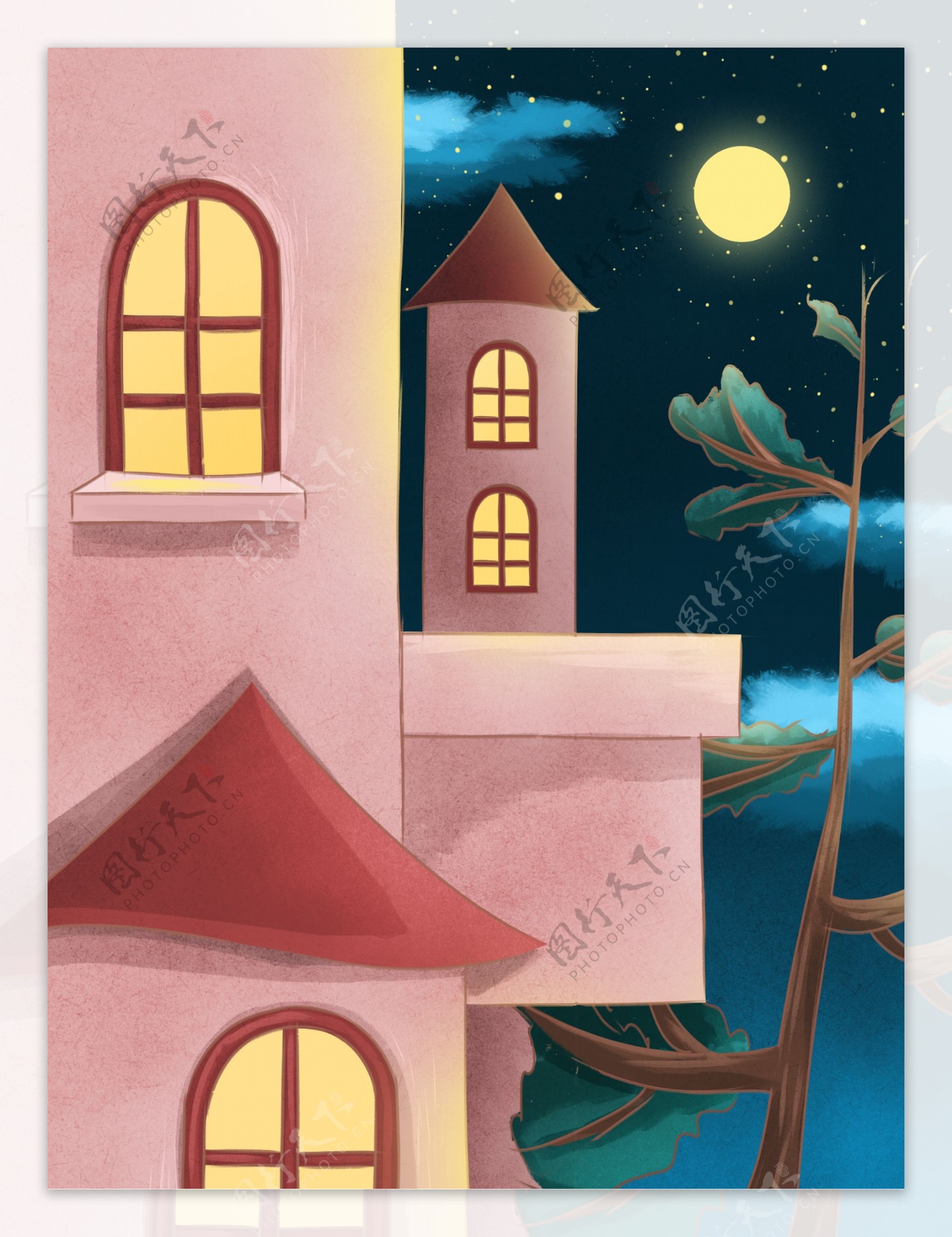 彩绘卡通房子晚安背景设计