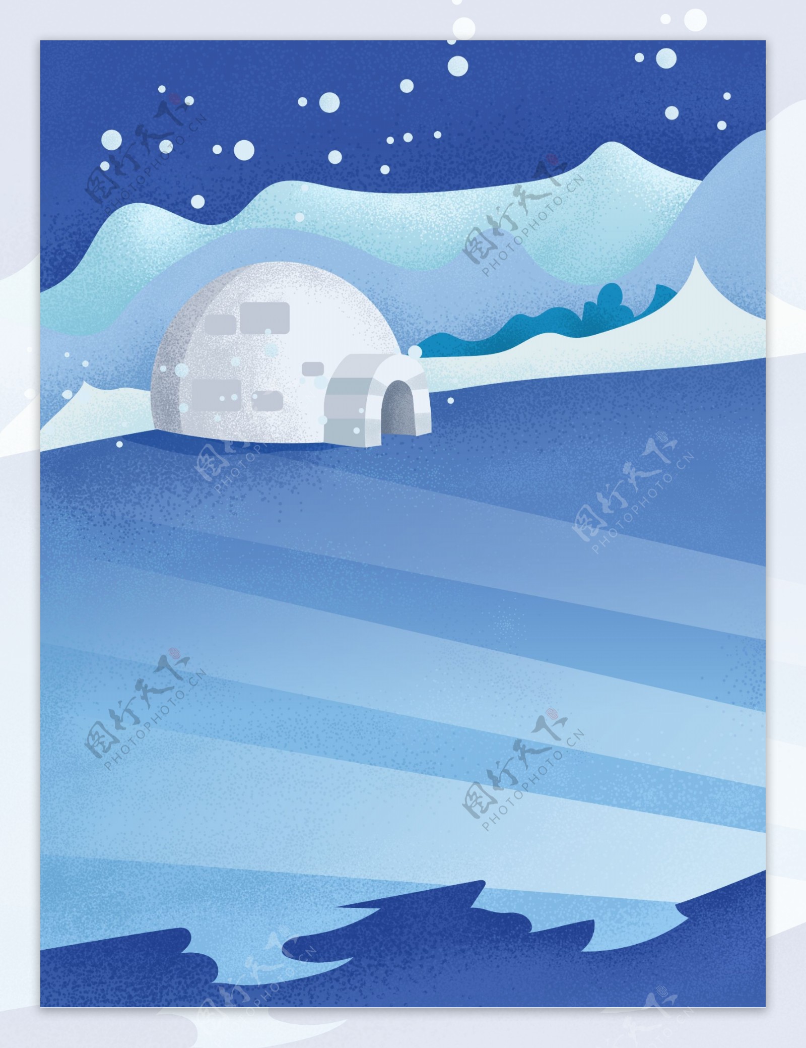 冬季蓝色手绘风景清新风插画背景