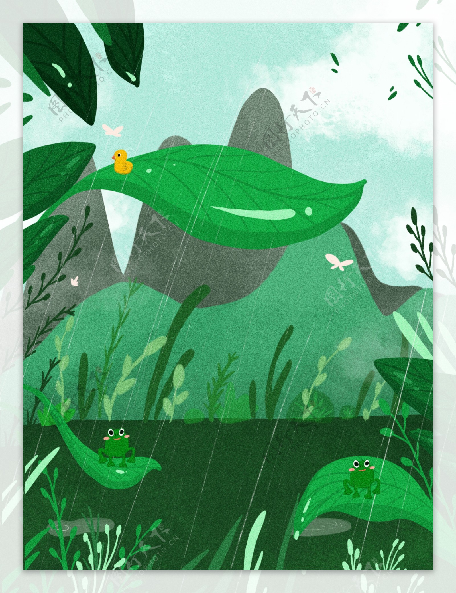 绿色手绘雨季山水插画背景