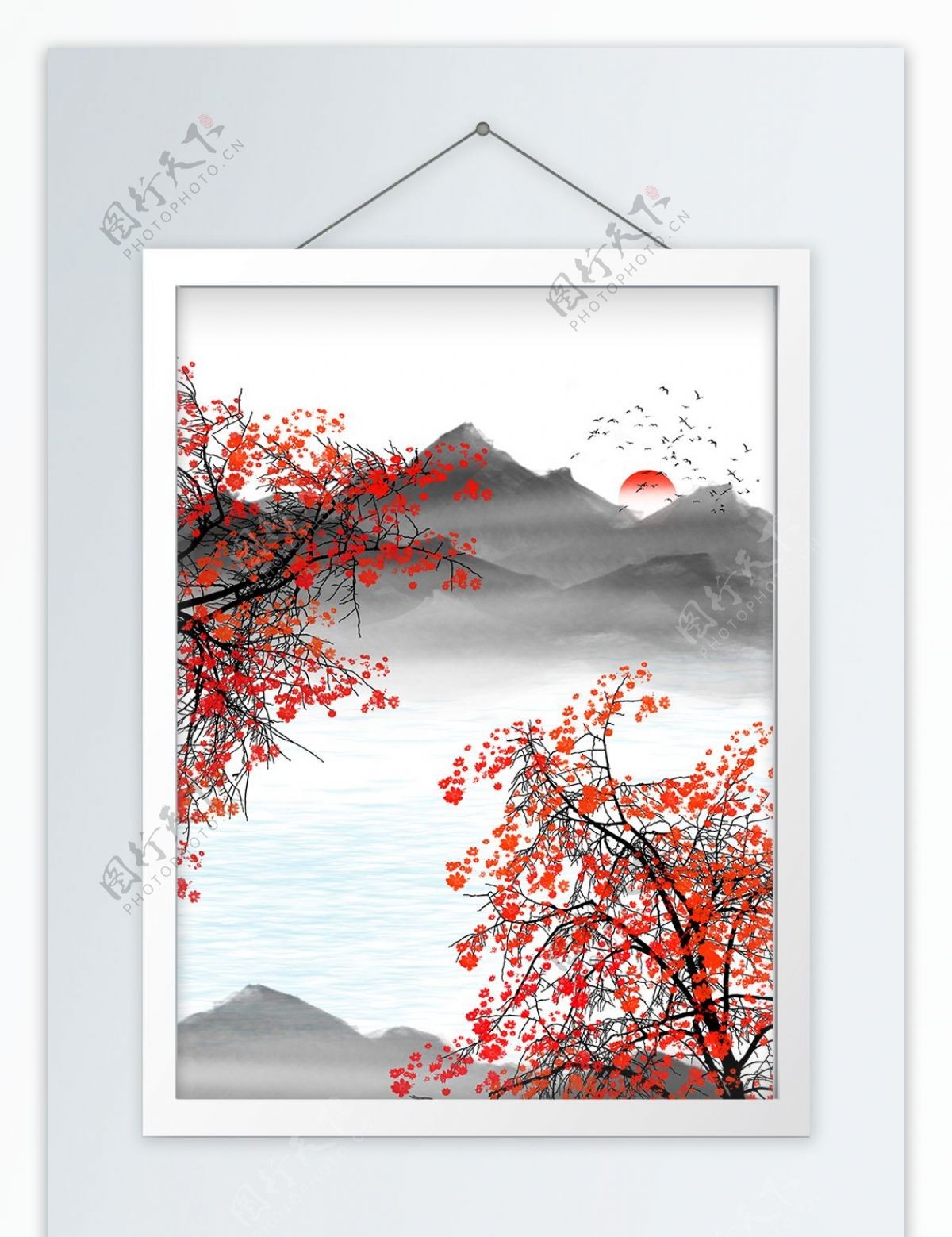 中式手绘红杏花儿飞鸟装饰画