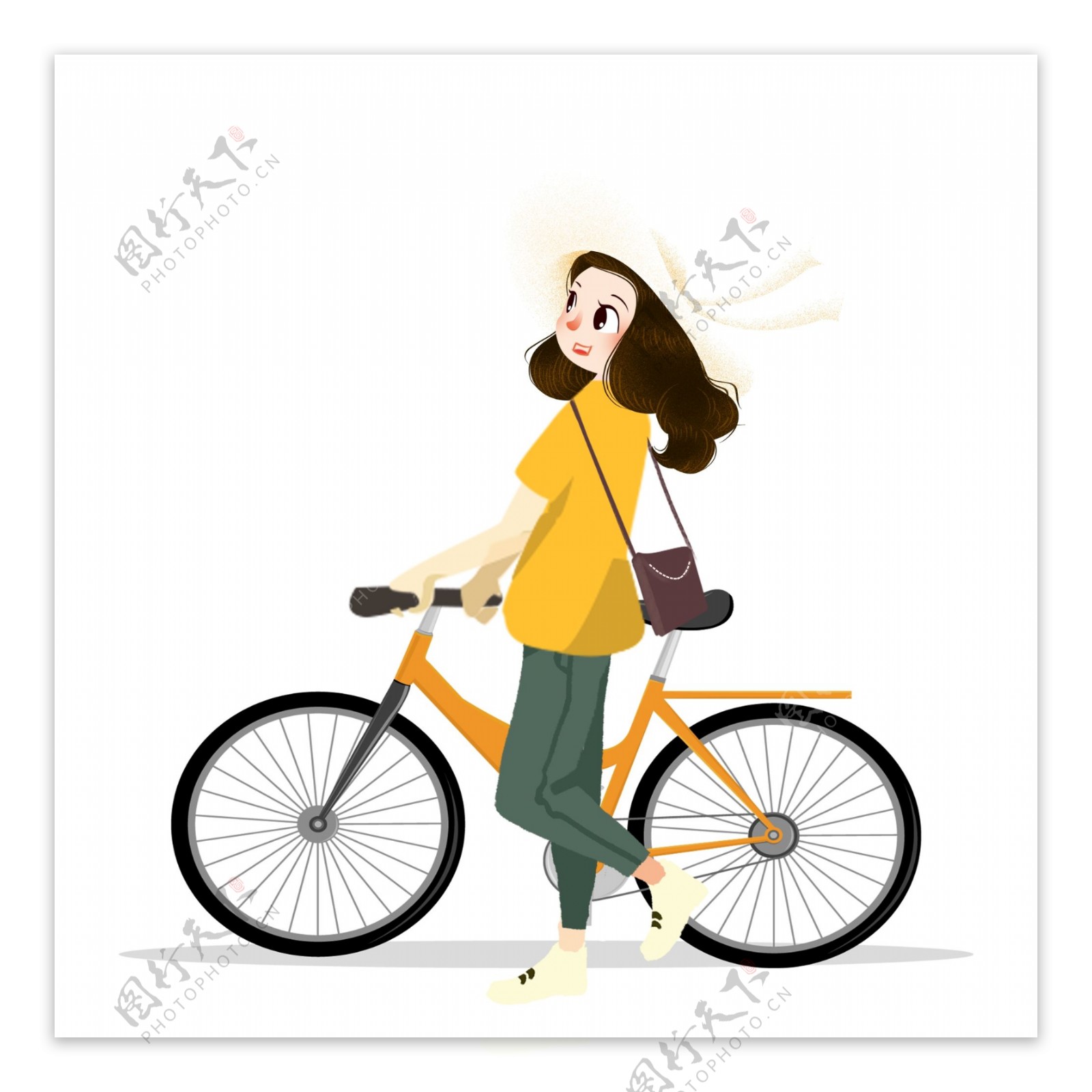 小清新可爱牵着自行车的女孩