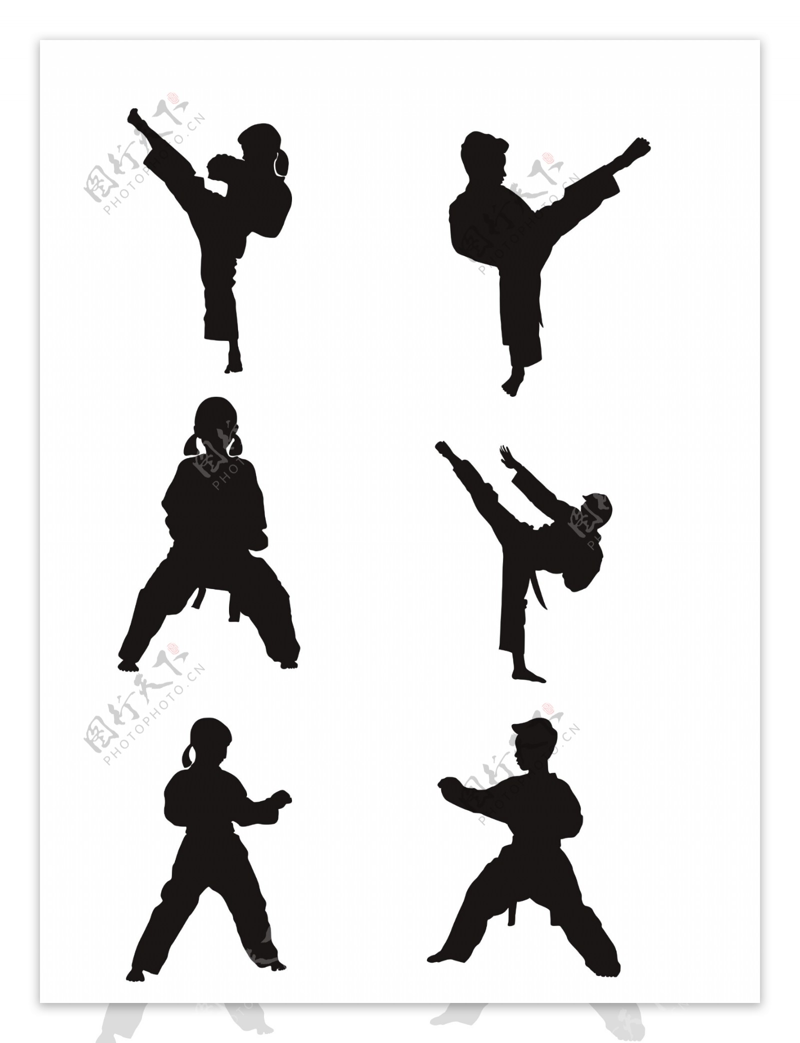 小女孩和小男孩跆拳道动作人物剪影商用素材