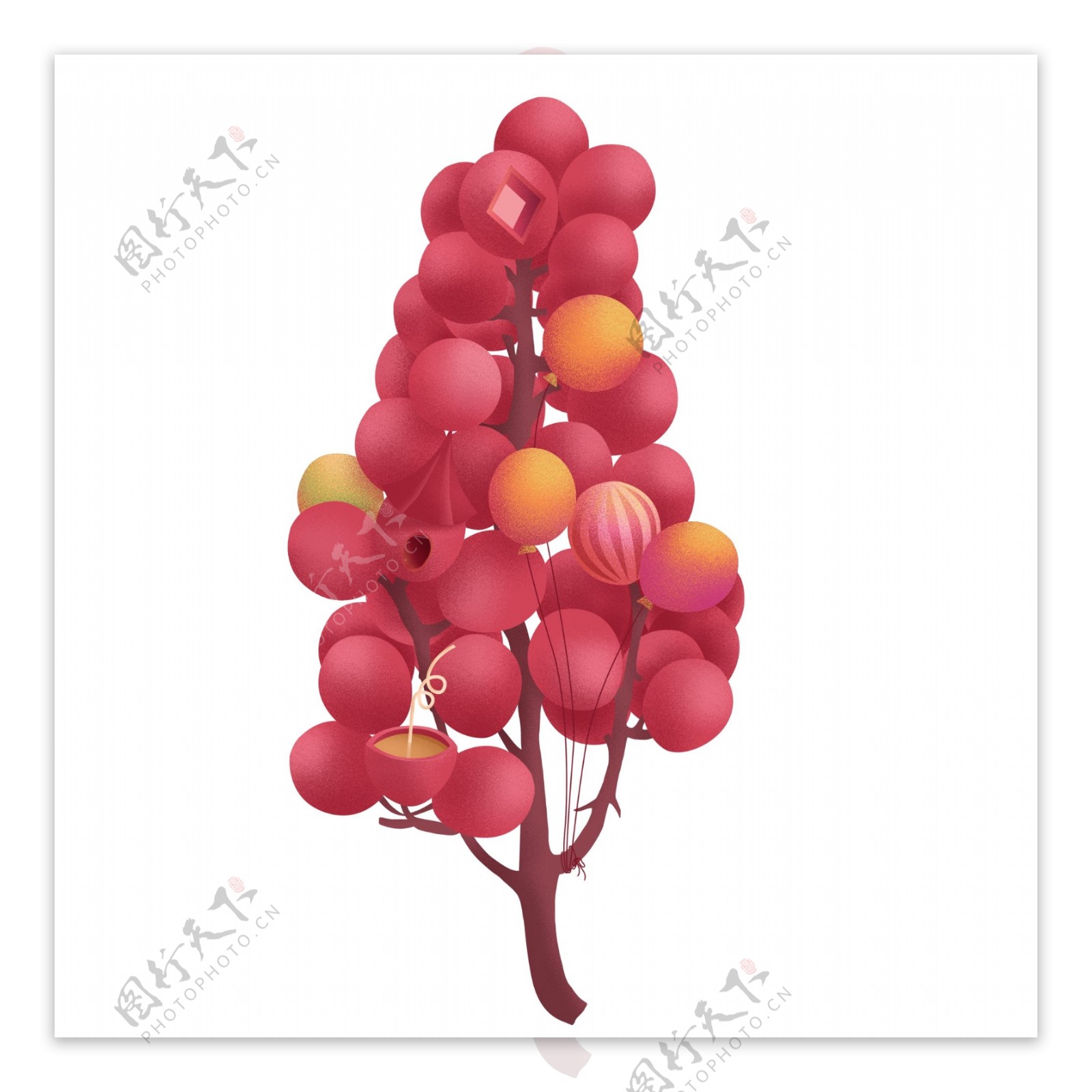 卡通红色气球树图案元素