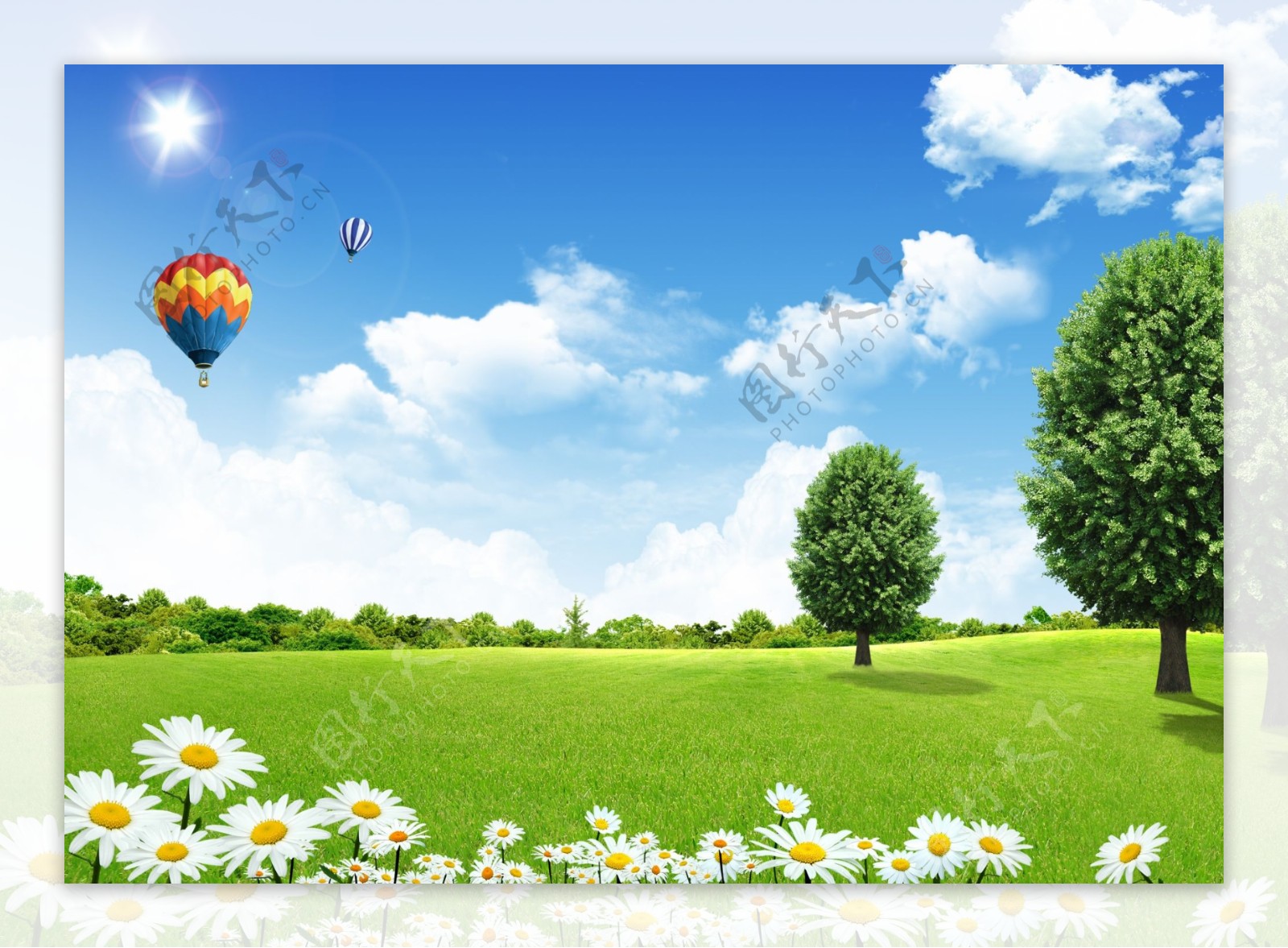 蓝天白云下的草地和野花摄影jpg图片免费下载_编号139hwgwo1_图精灵