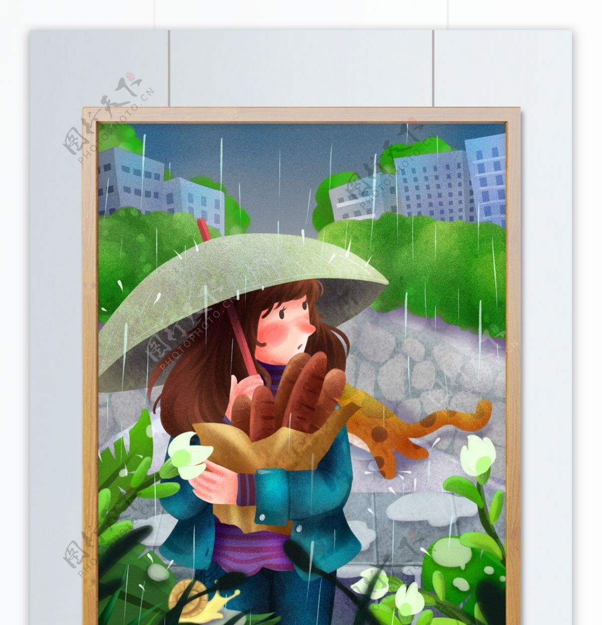 中国气象日雨天抱着法棍的打伞女孩清新插画