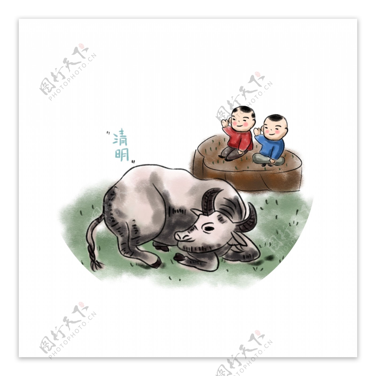 手绘清明坐着看牛的2个牧童