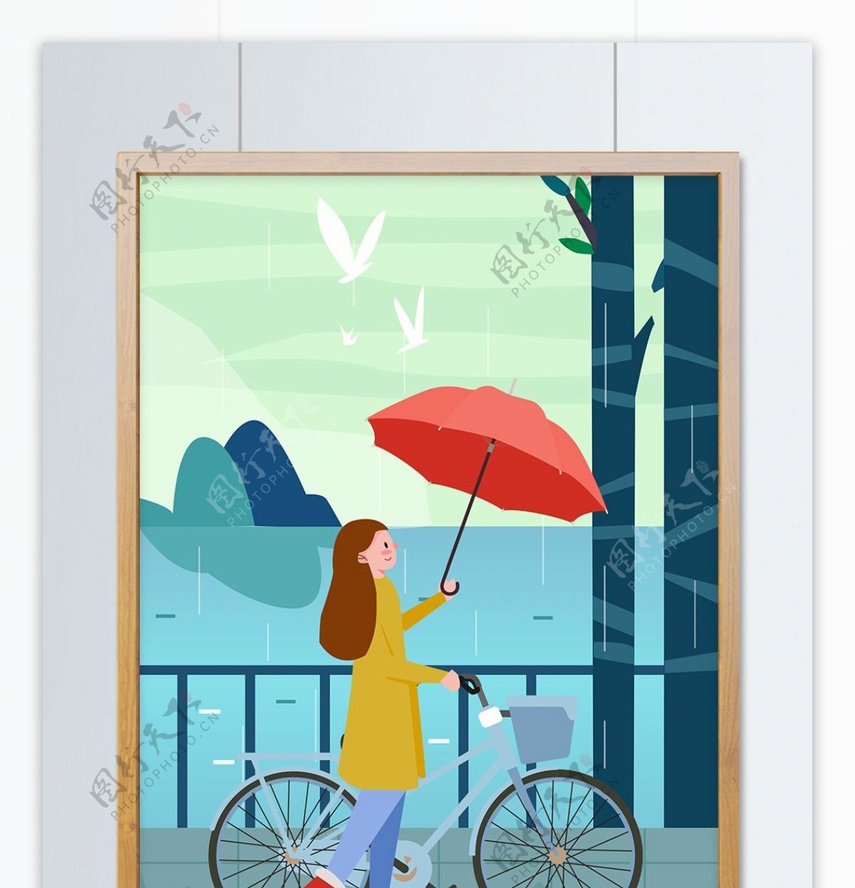 六月下雨天气女孩骑车海边的插画
