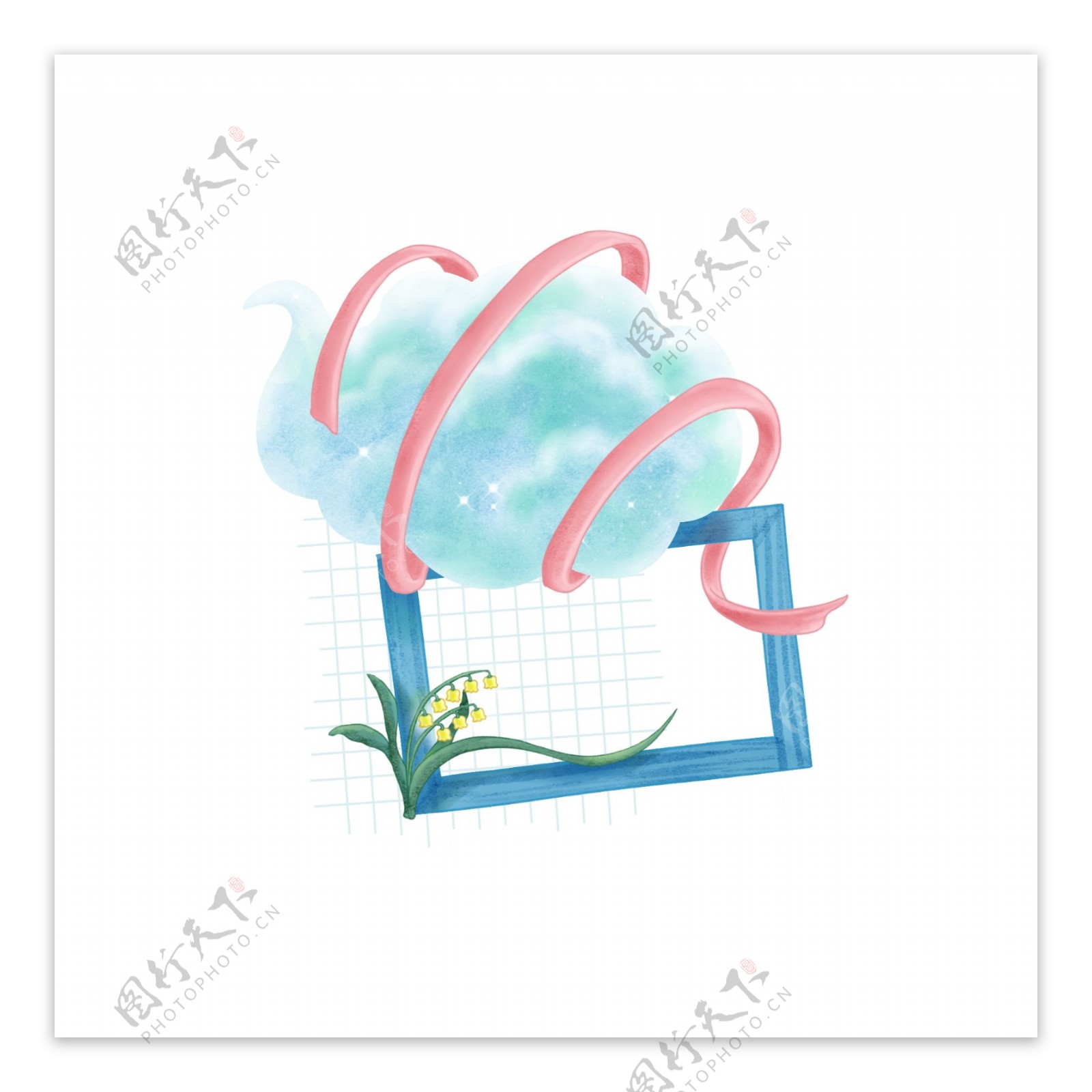 手绘水彩小清新云朵铃兰植物丝带画框