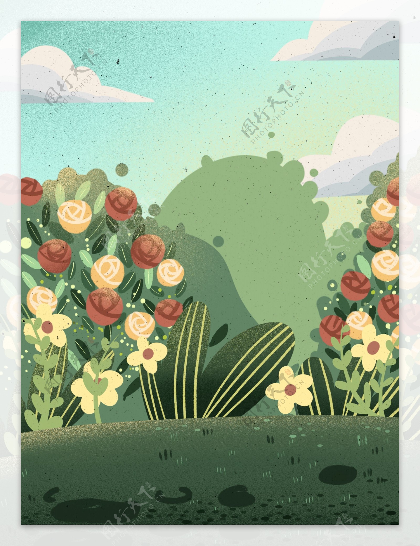 手绘春季玫瑰花园背景设计