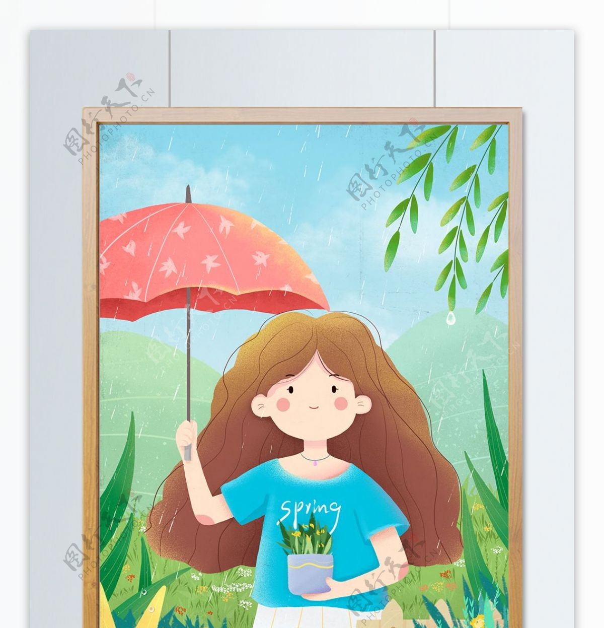 小清新谷雨节气春天下雨户外草坪女孩打伞