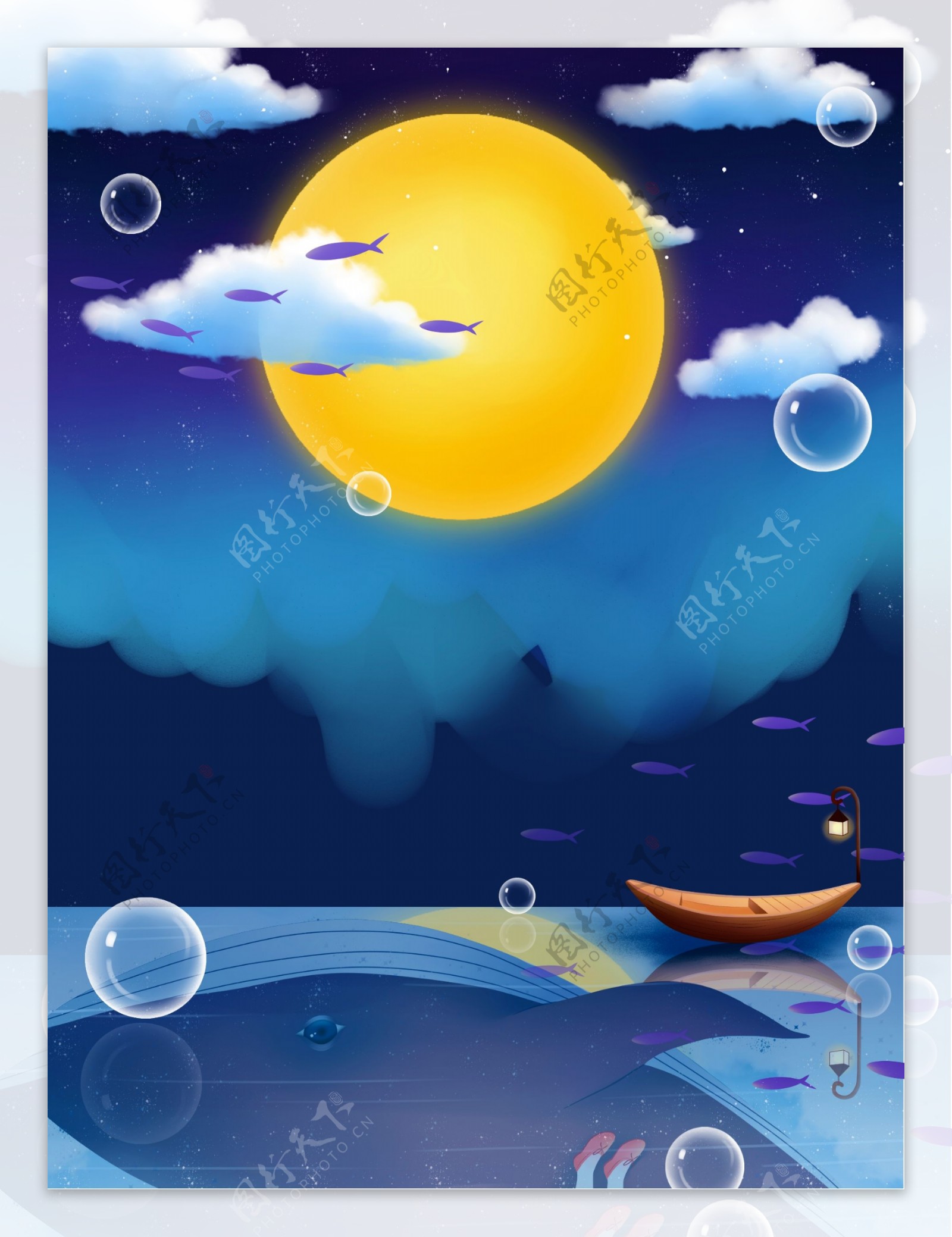 唯美海洋风圆月晚安背景设计