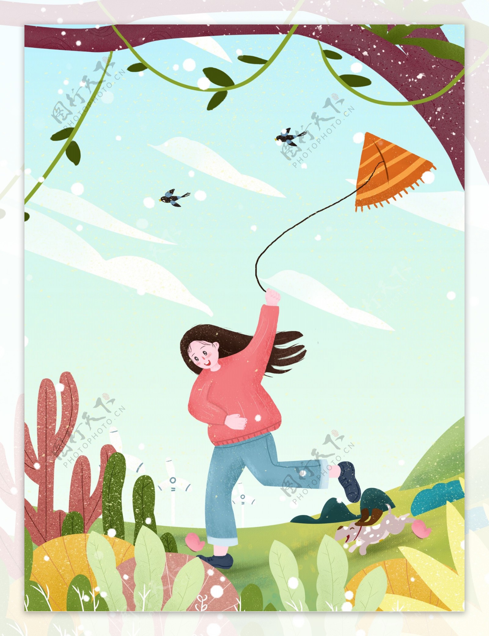 蓝色春分郊外女孩放风筝背景设计