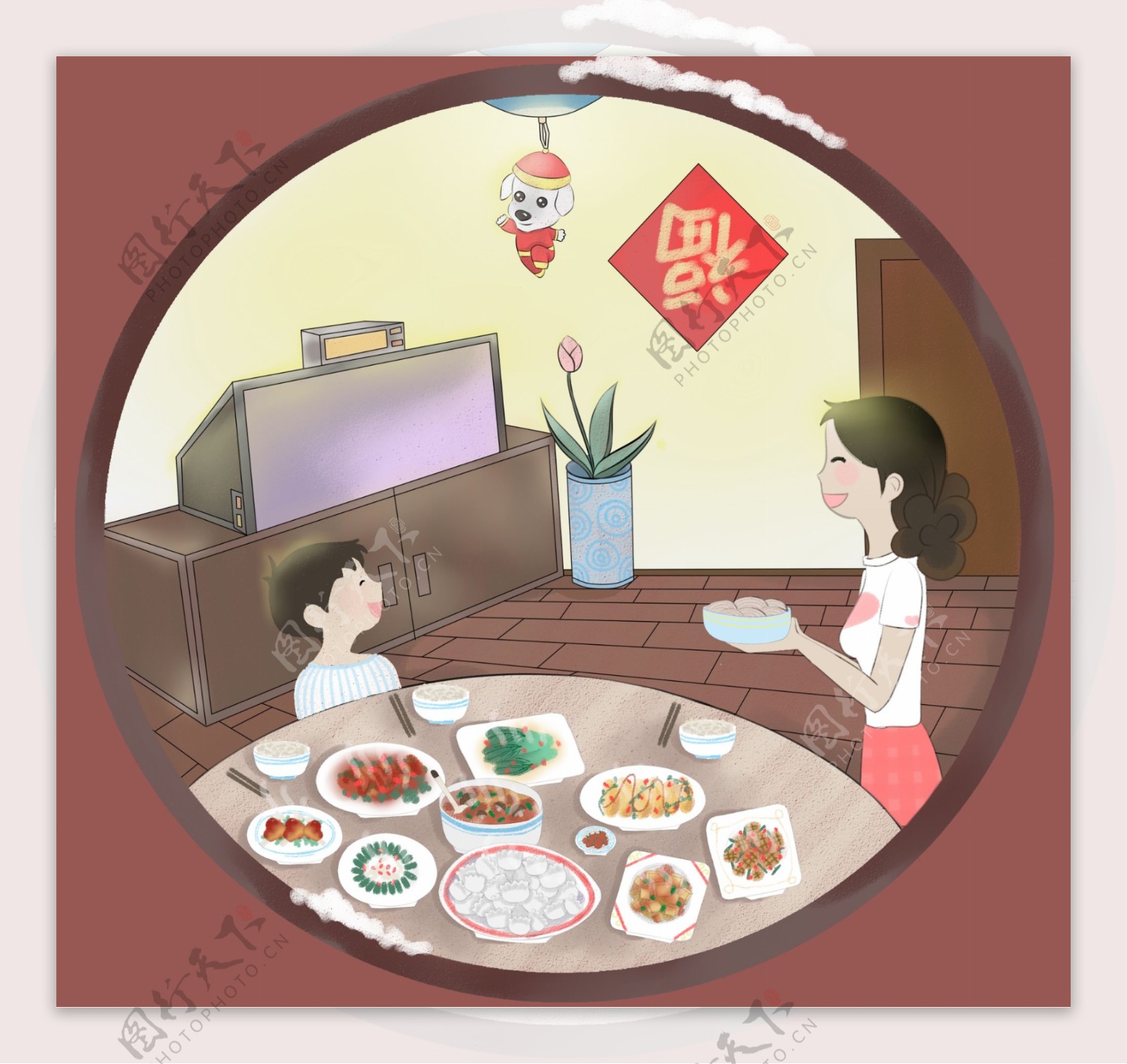 手绘卡通全家吃年夜饭冬至饺子