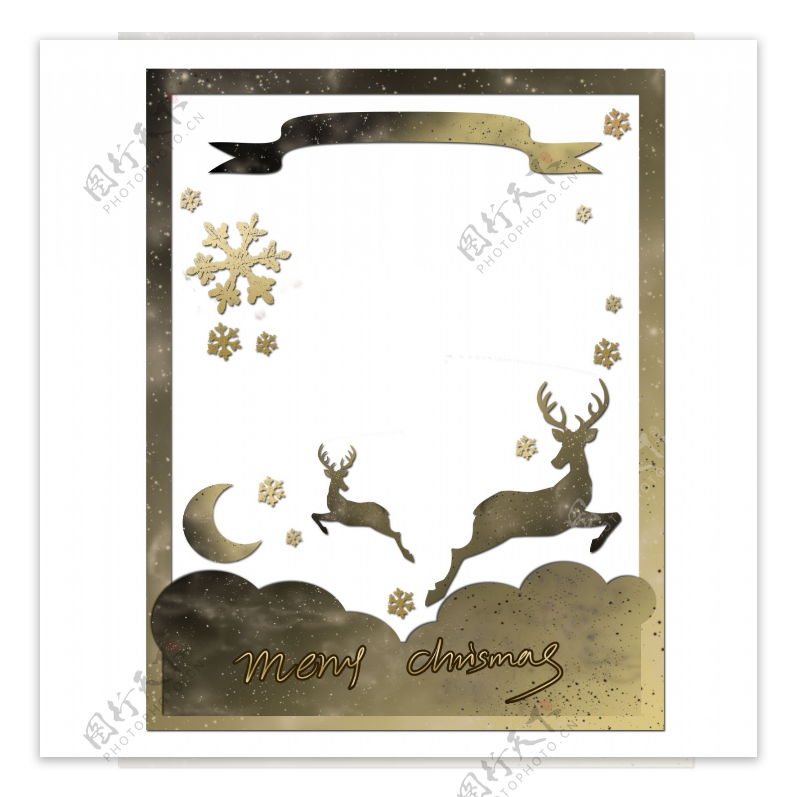 圣诞黑金色系边框麋鹿下雪圣诞夜边框