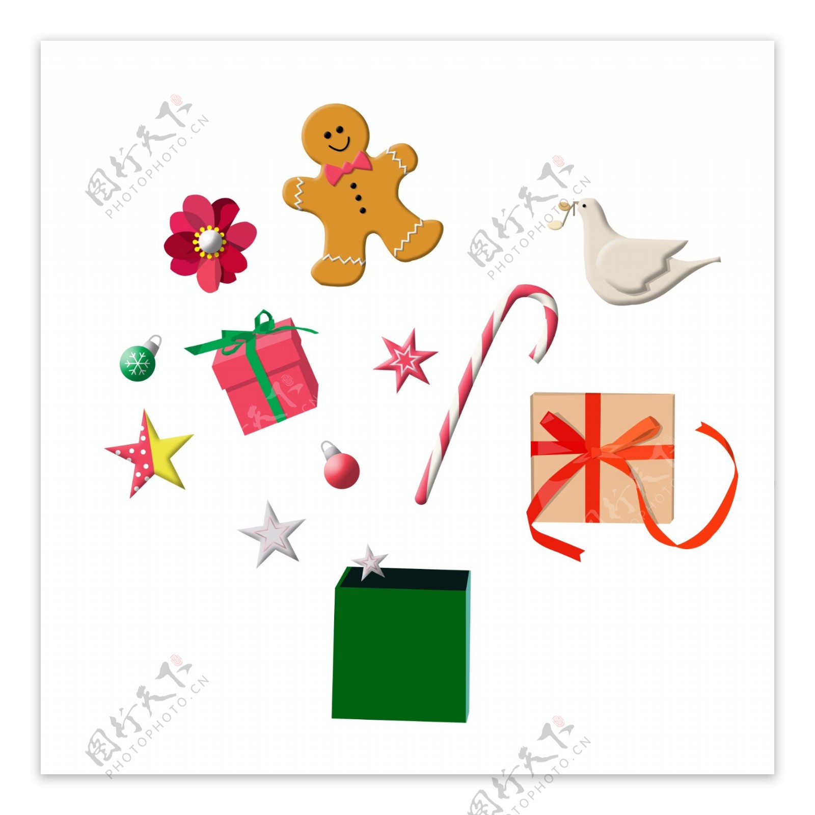 圣诞立体彩色礼物盒装饰挂件星星鸽子姜饼人花糖果拐杖