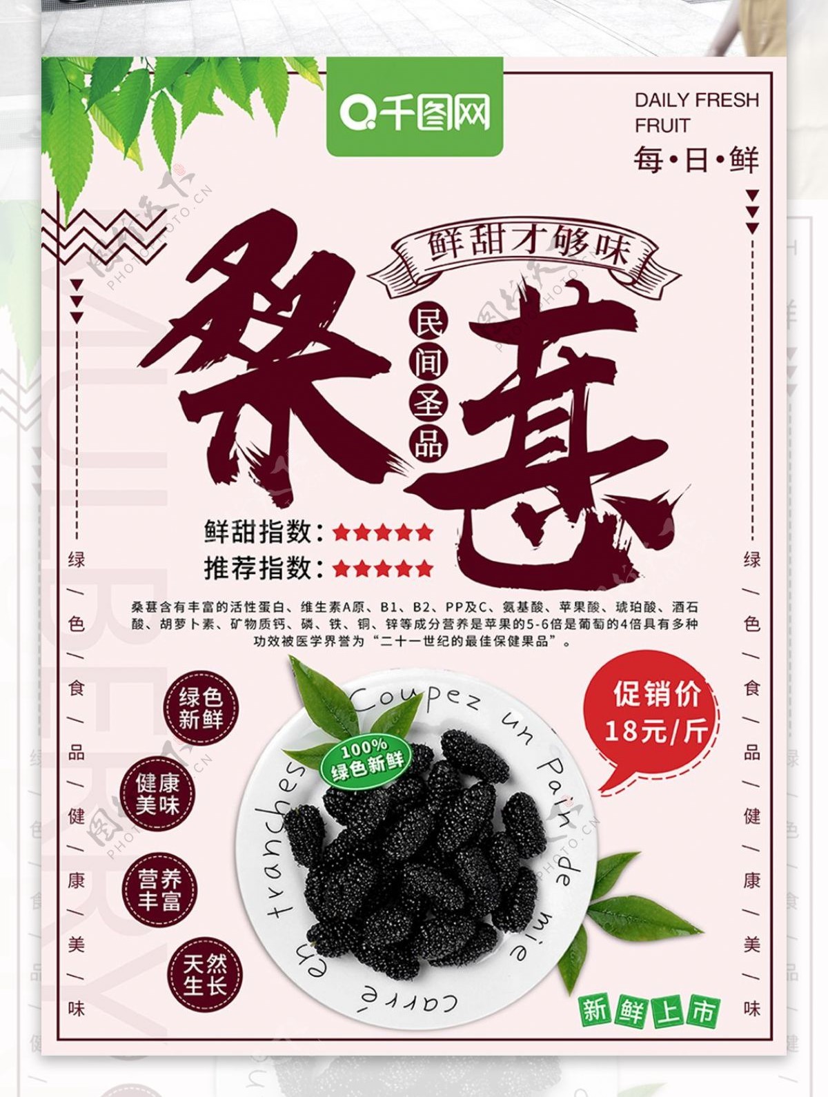 小清新桑葚水果美食促销海报