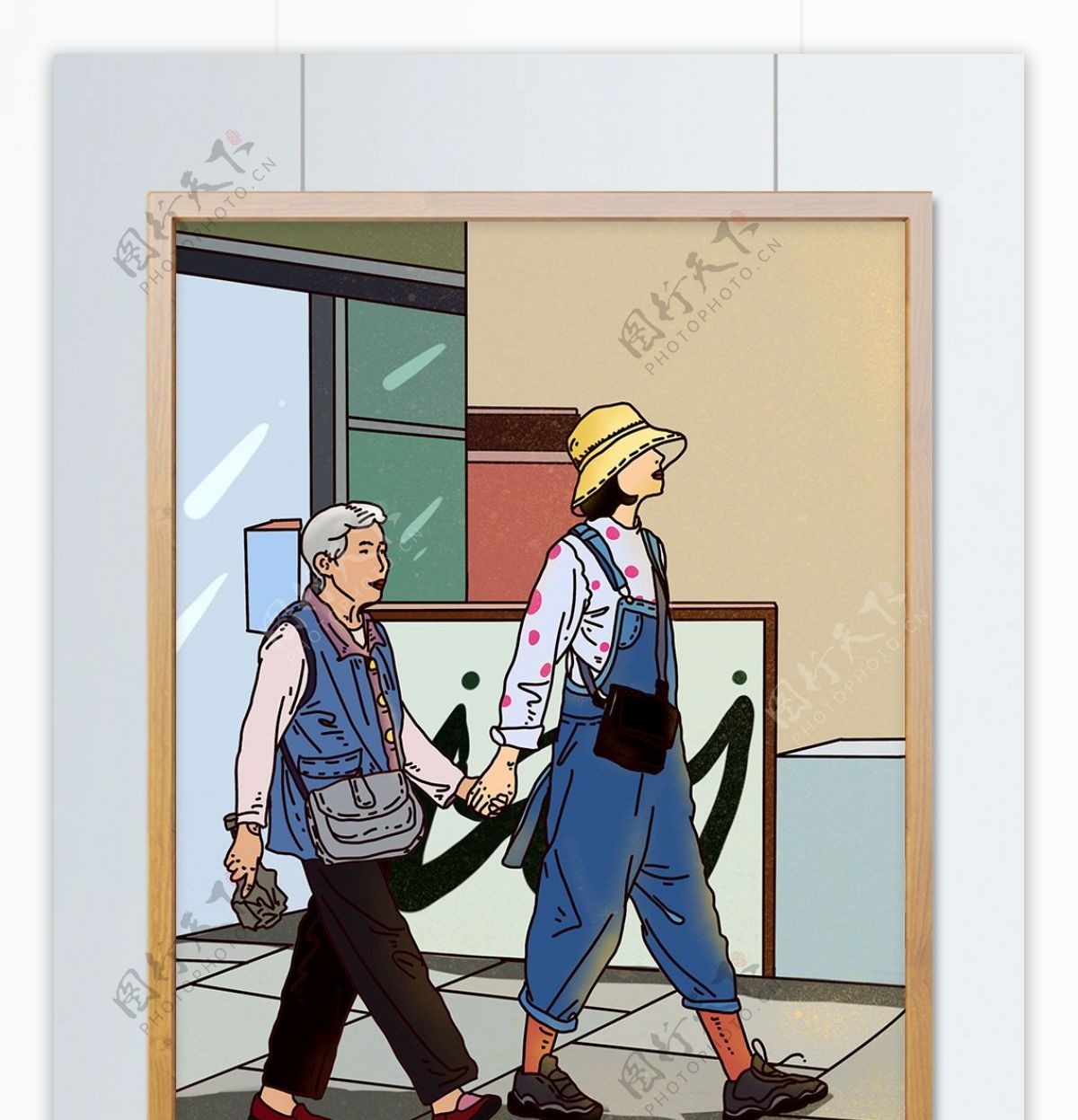 女孩与老人出行旅游商业插画PSD格式