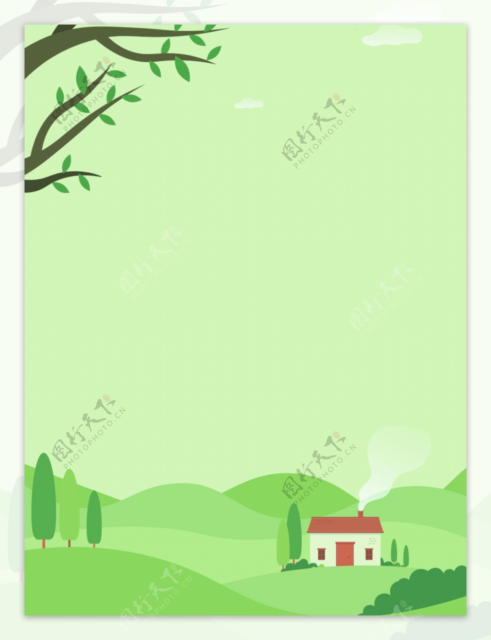 卡通写实乡间小屋自然绿色背景图