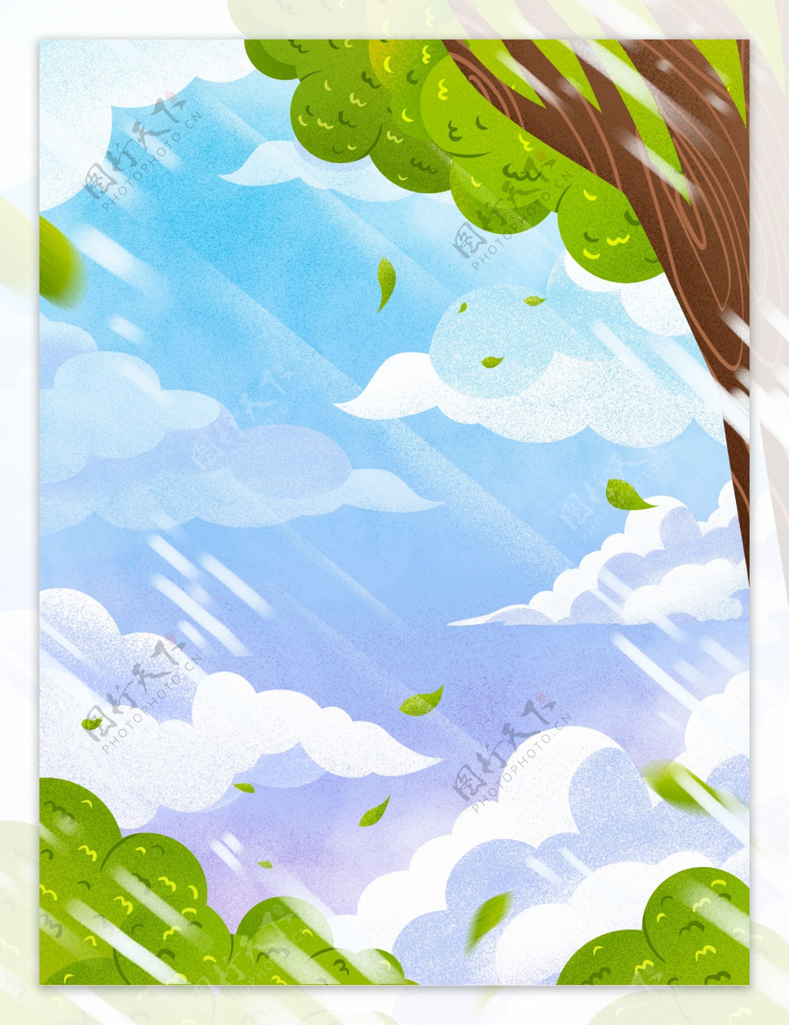 手绘唯美蓝天下的树木背景素材