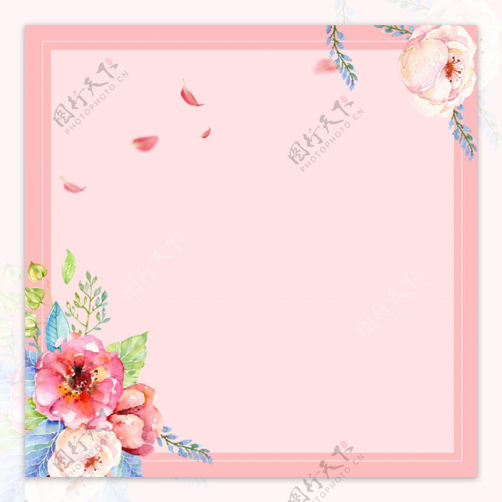 粉色手绘水彩花卉边框主图