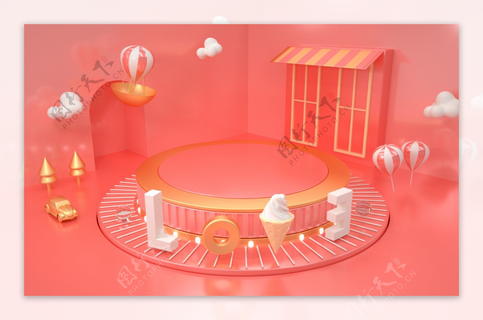 C4d珊瑚橙风格小镇情人节气球卡通背景
