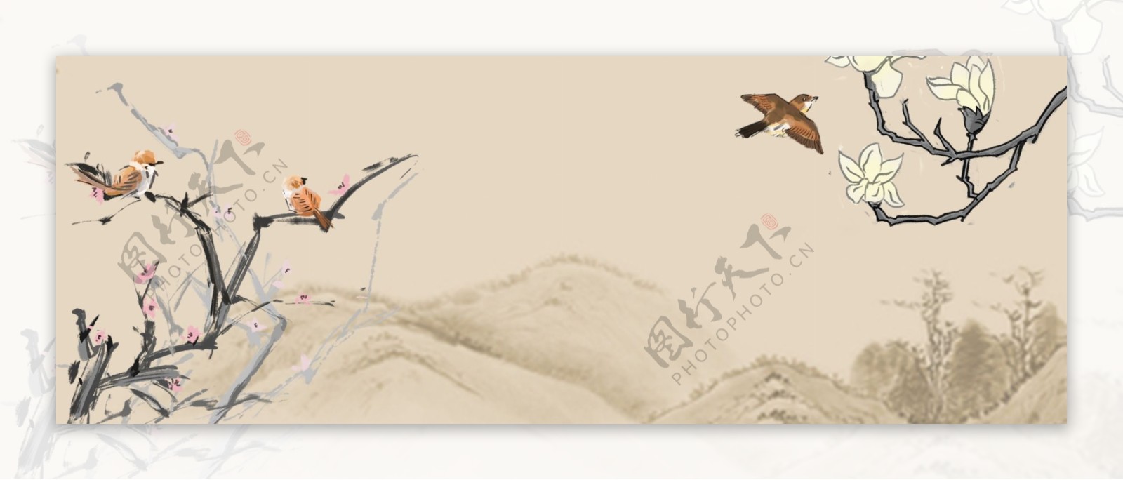 中式古风水墨山水木兰壁纸背景素材