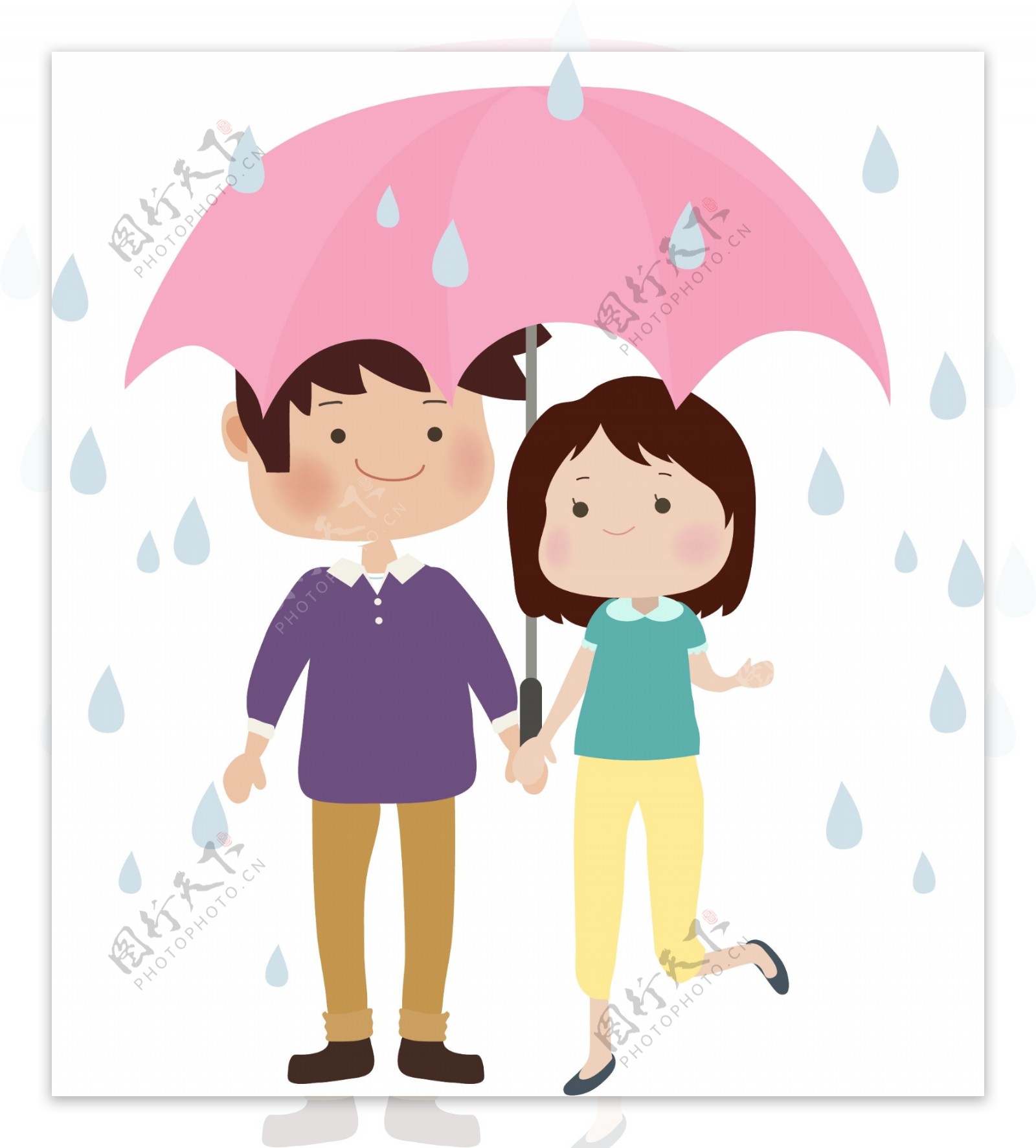 卡通手绘情侣撑伞矢量