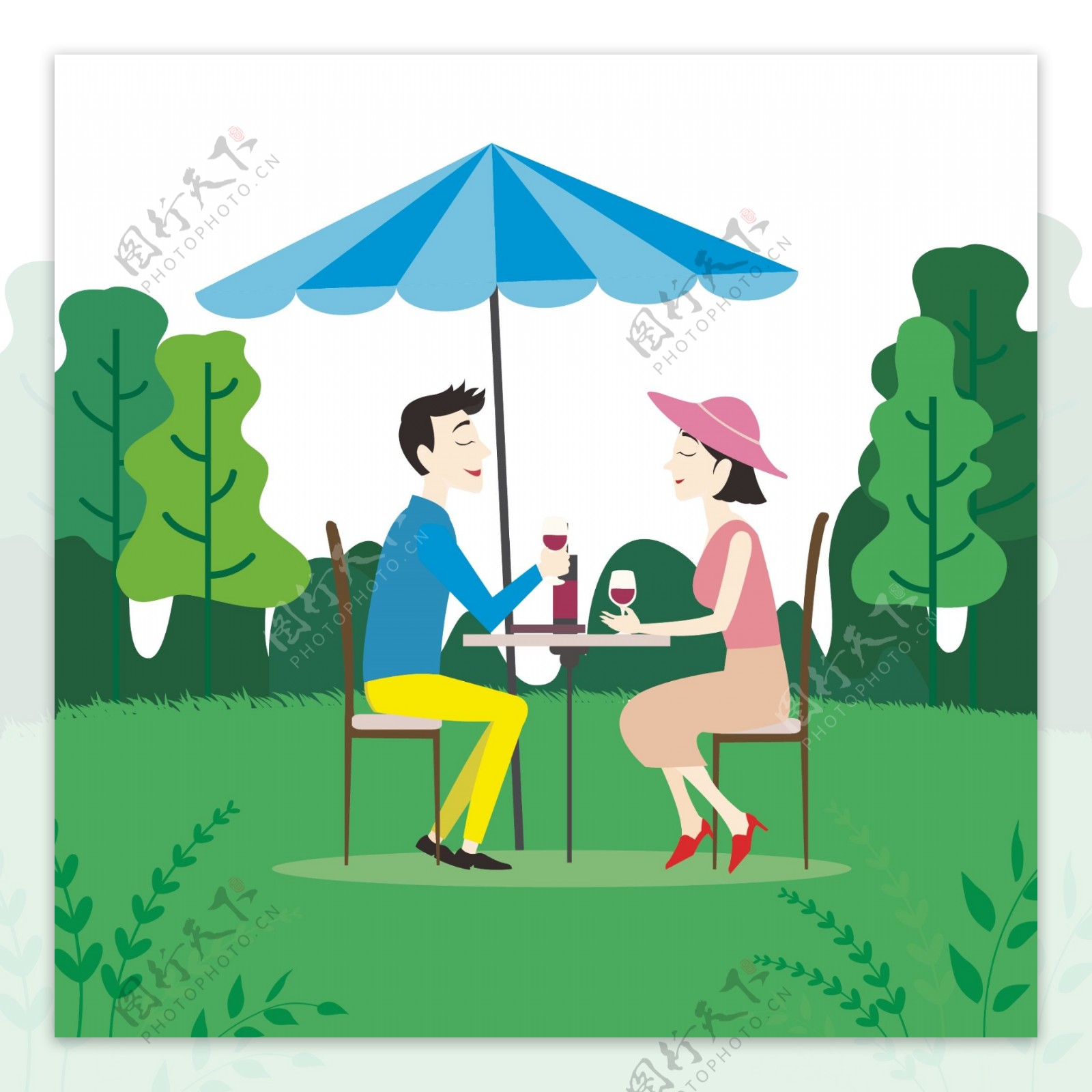 手绘室外野餐的小情侣矢量免抠图