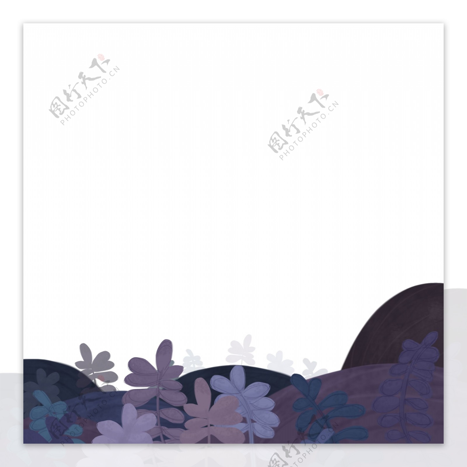 春天夏天紫色的山坡和树叶手绘插画psd