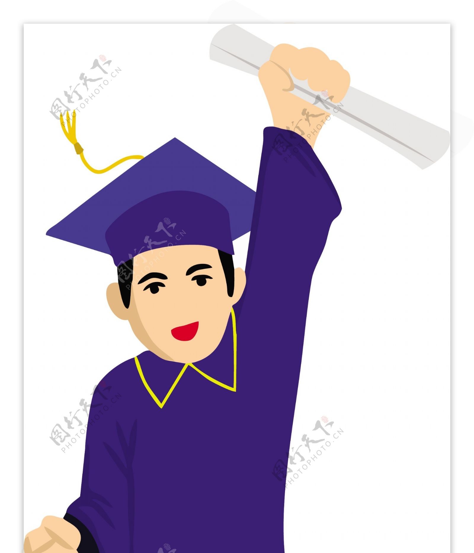 矢量扁平高兴的毕业证书穿学士服的学生全身免抠