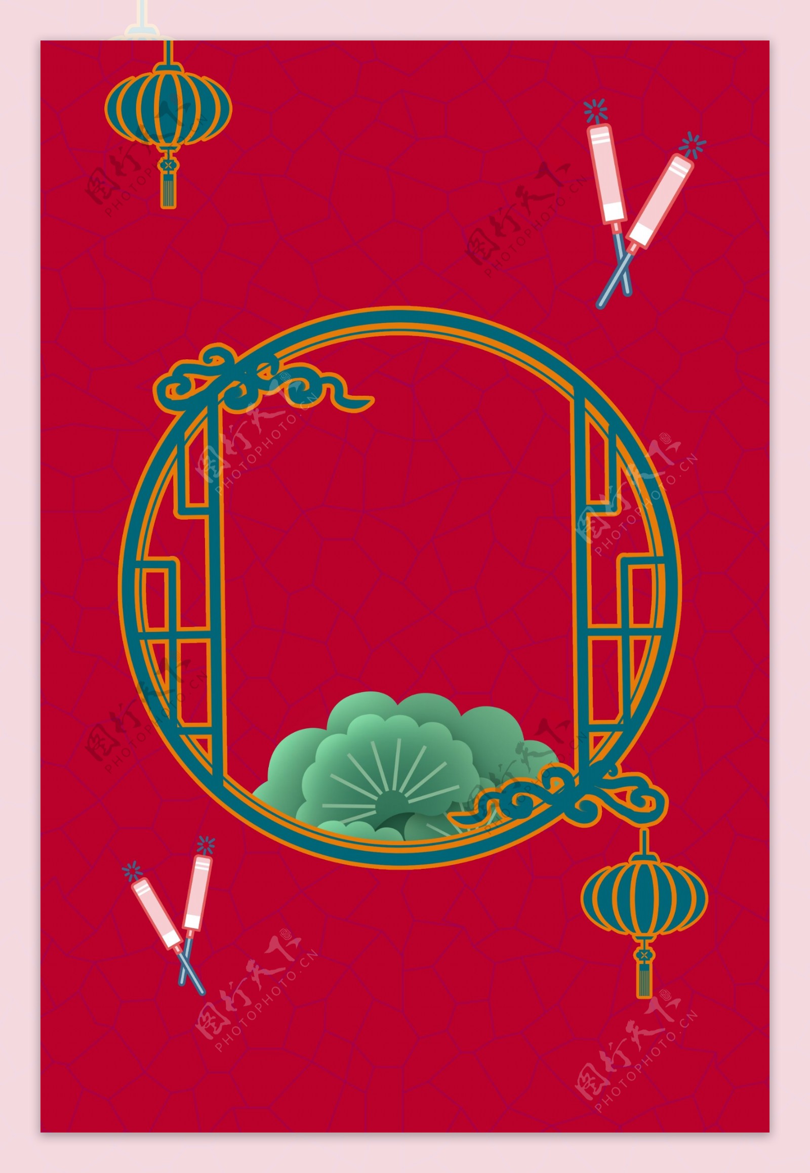 新式中国风窗棂新年签背景海报