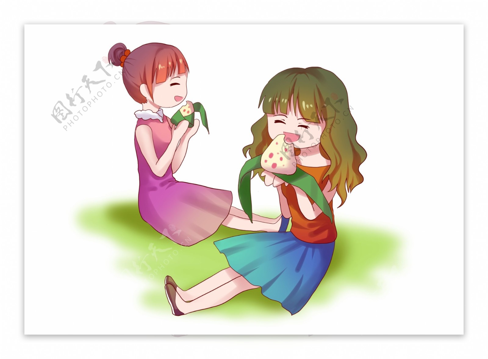 端午节好朋友坐在草地上吃粽子