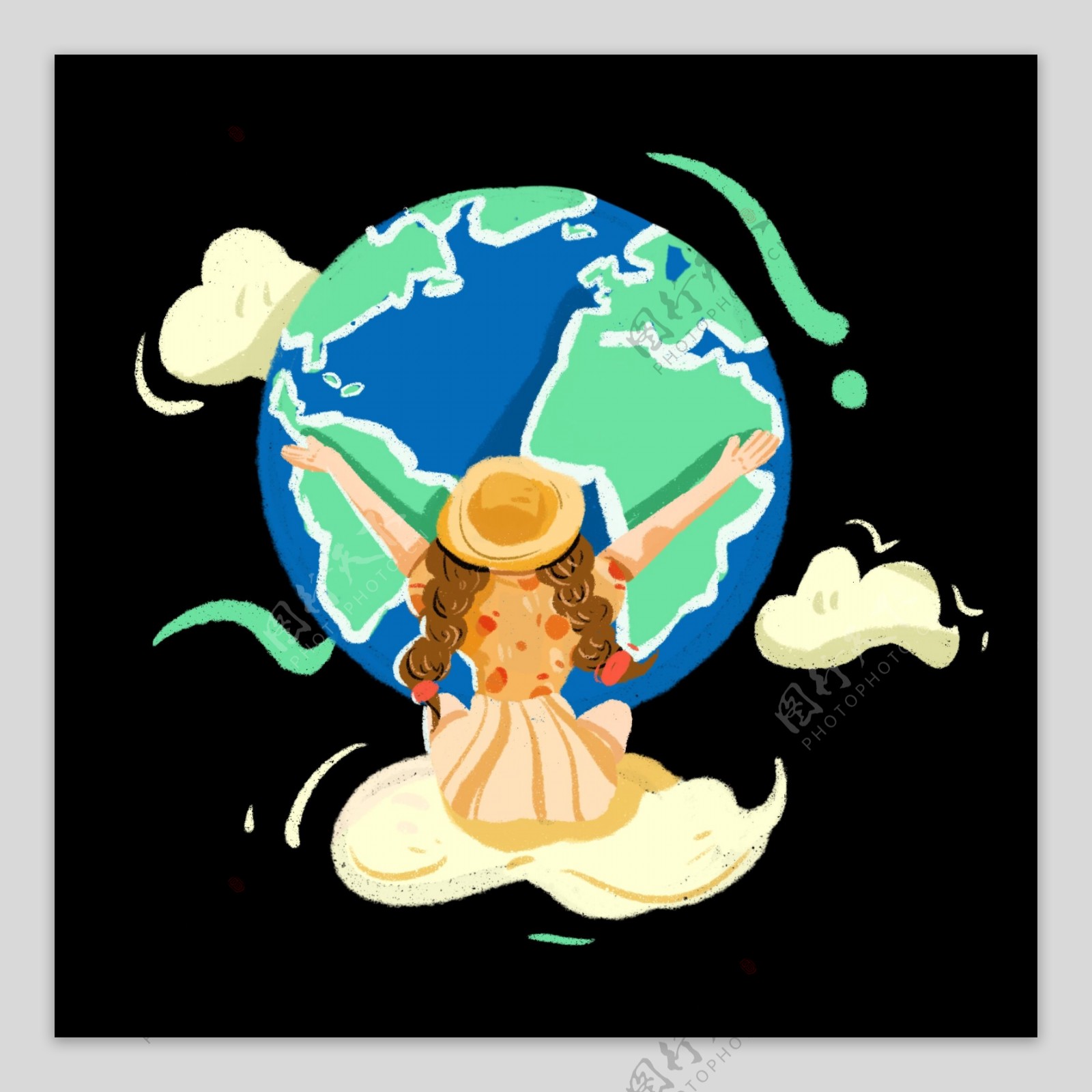 世界地球日女孩拥抱地球手绘插画png免抠素材