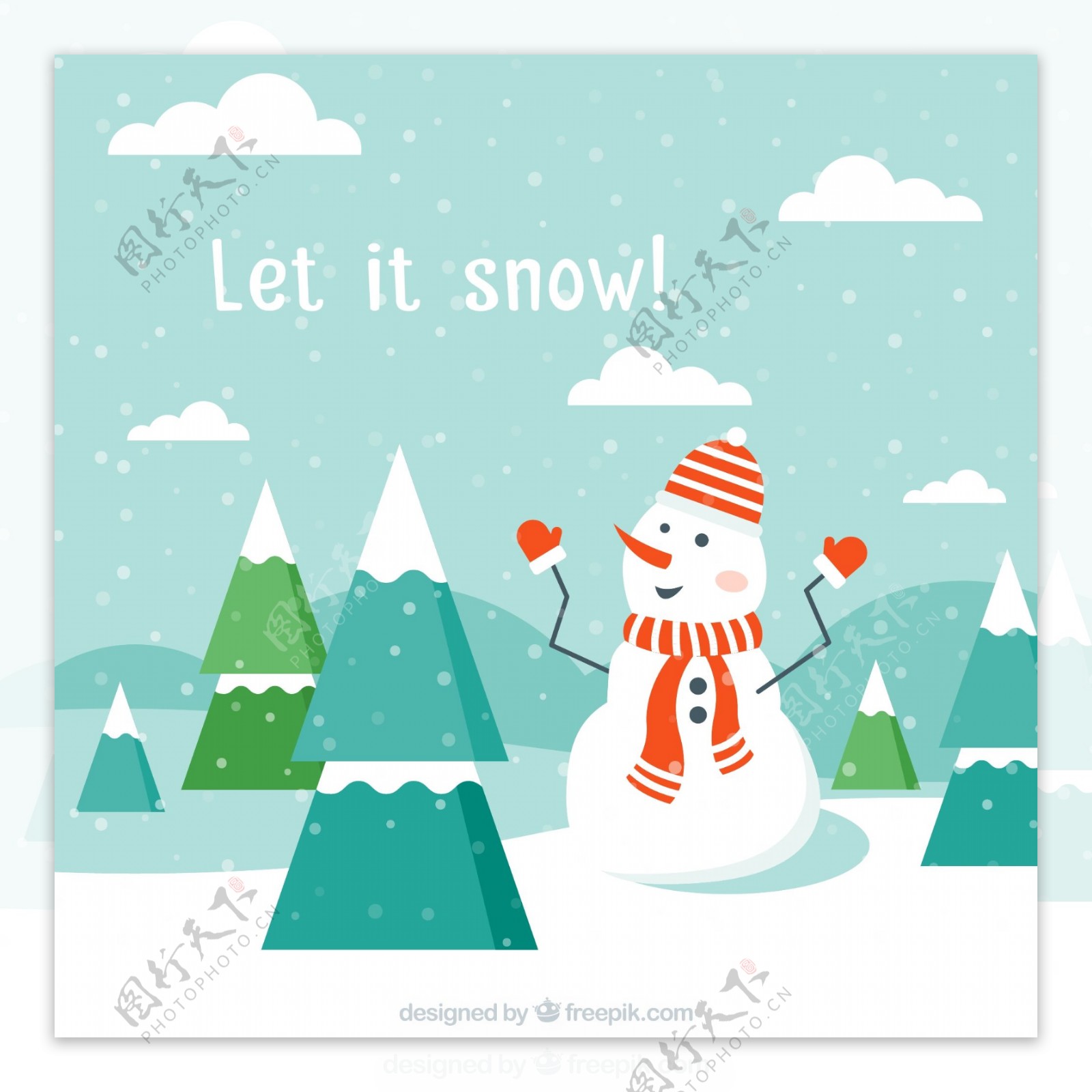 卡通雪中雪人和树木