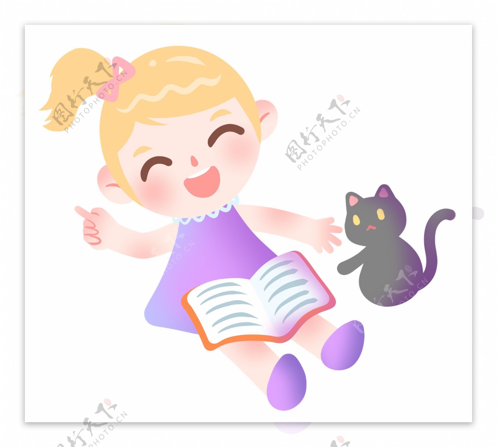 读书的小女孩和小猫插画