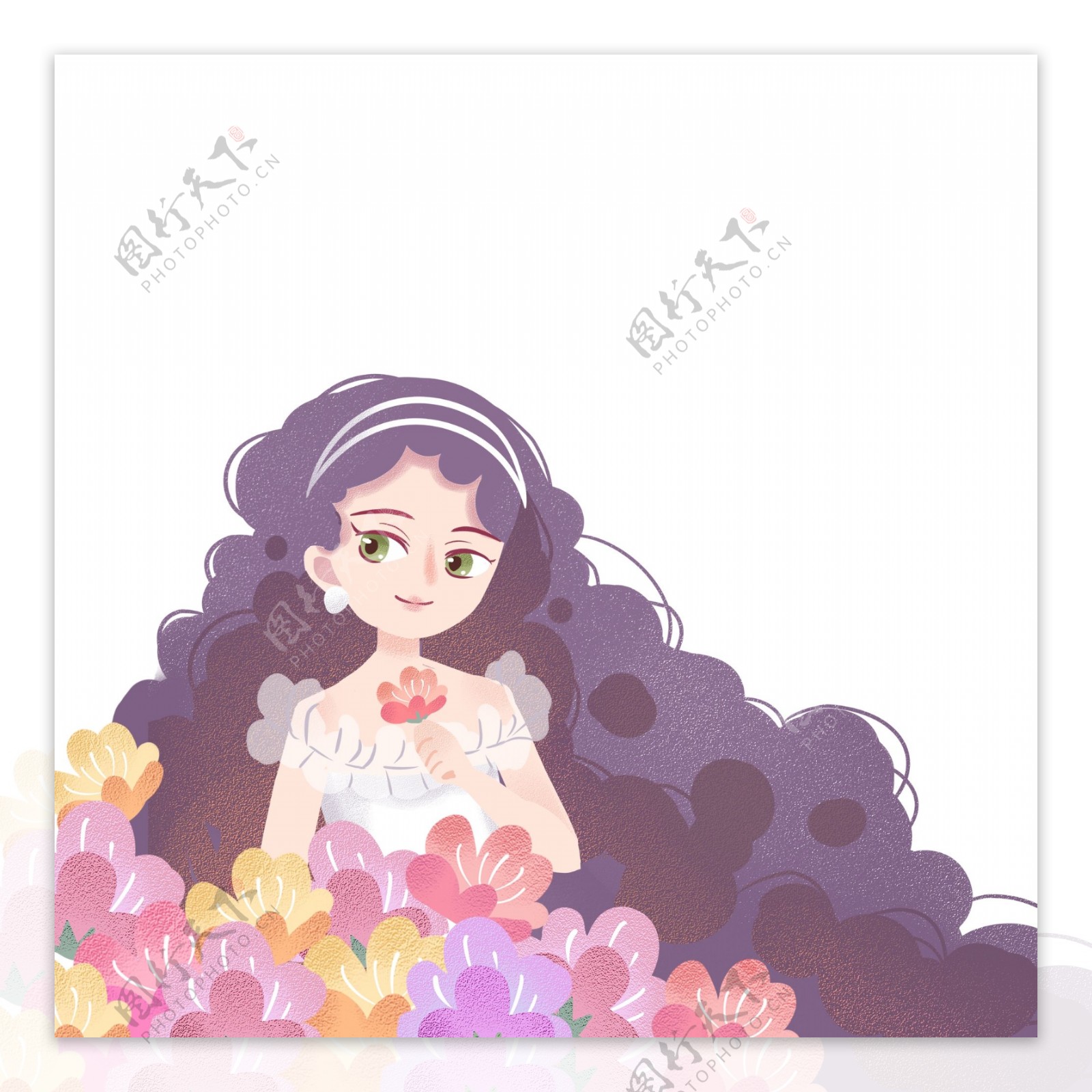 在花丛中的漂亮紫色头发女孩