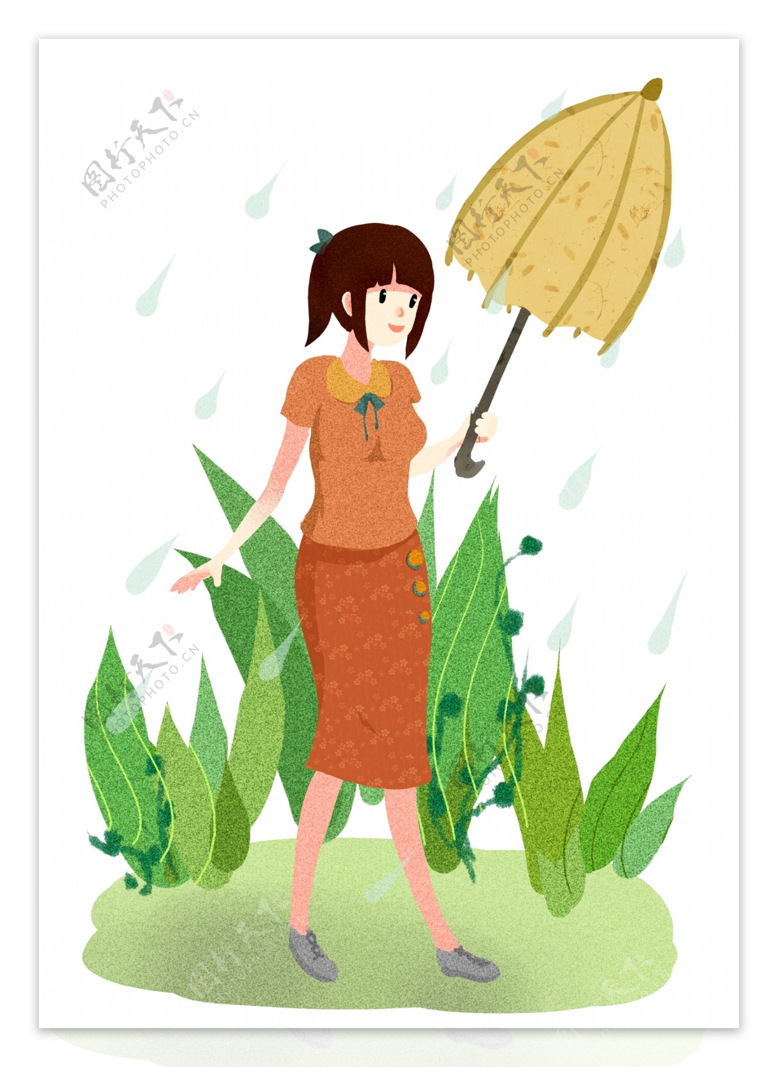清明节撑伞的女孩插画
