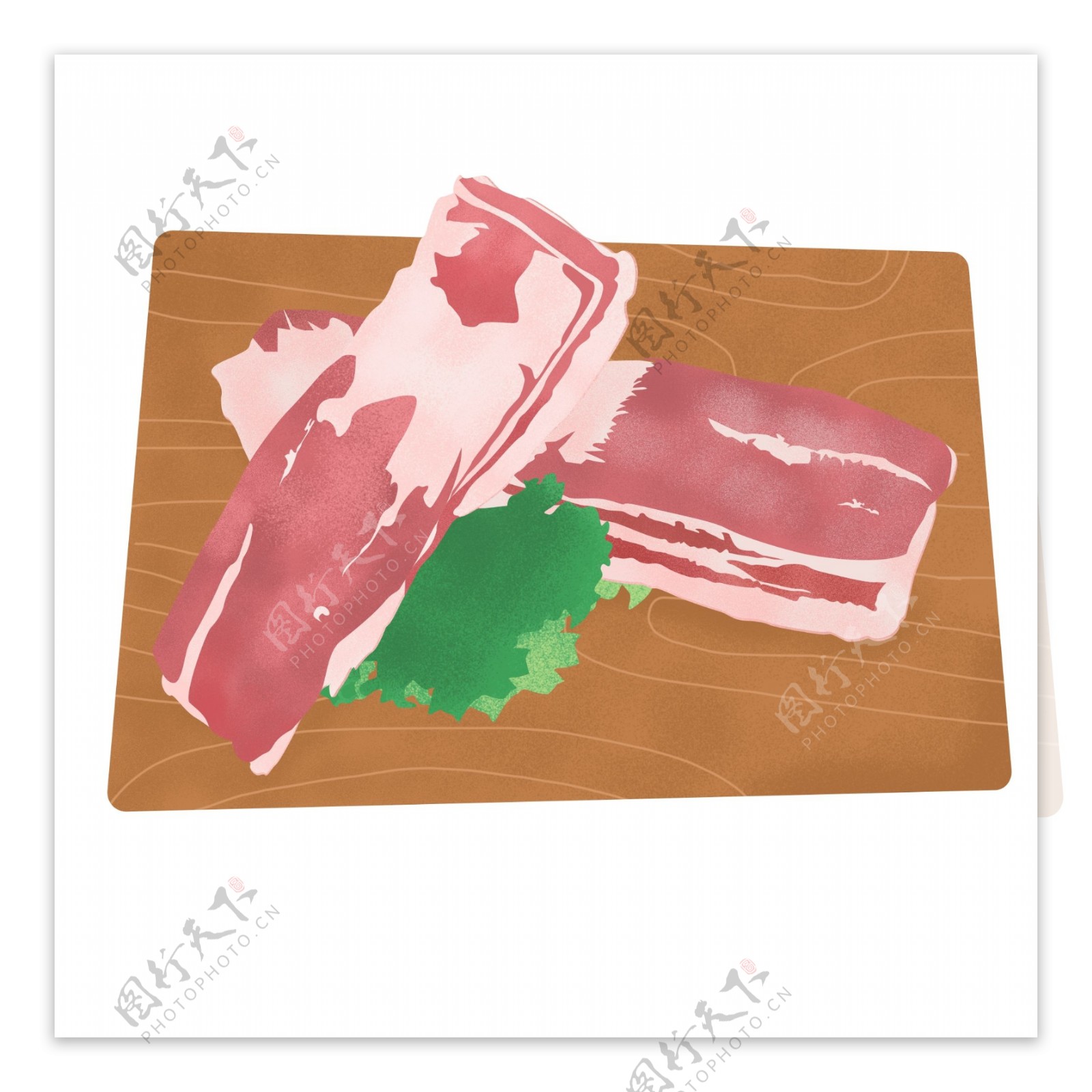 手绘放在菜板上的新鲜生猪肉元素