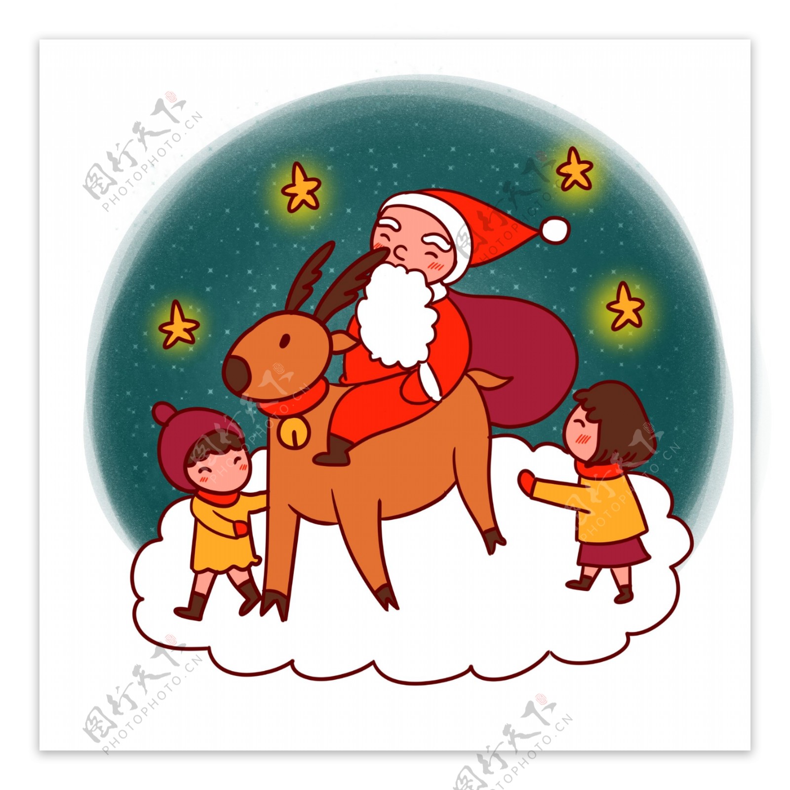 手绘卡通可爱圣诞节圣诞老人和小孩子
